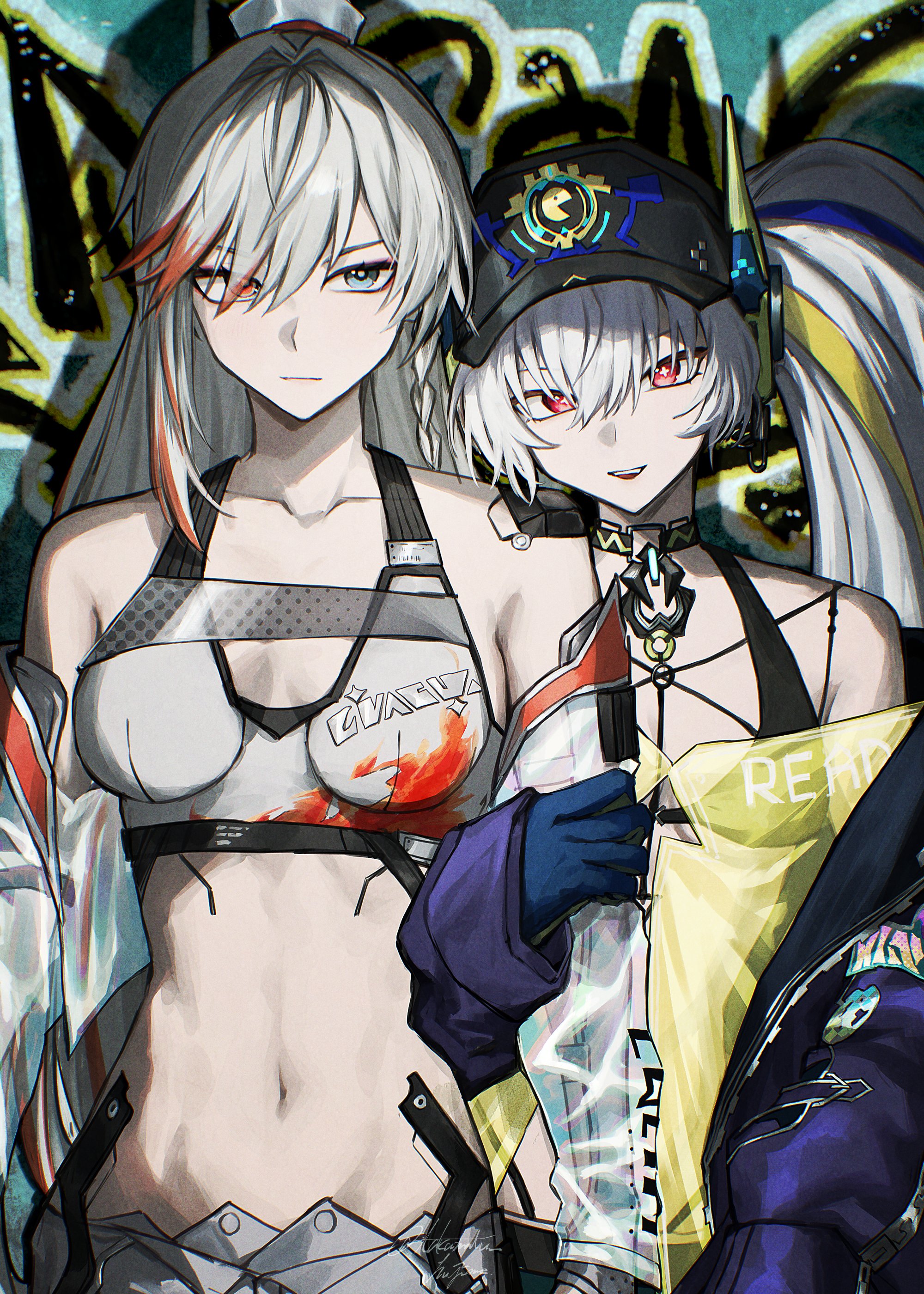 takamatu hajime, alpha: crimson weave (stride of vigor) (pgr), alpha (pgr), luna (pgr), punishing: gray raven, absurdres, hashtag-only commentary, highres, 2girls, armpit crease, bare shoulders, black bra, black hat, blonde streaks, blue eyes, blue gloves, blue streaks, bra, braid, breasts, bright pupils, closed mouth, collarbone, cross-shaped pupils, eyes visible through hair, gloves, graffiti, grey bra, hair between eyes, hair intakes, hand on another's arm, hat, head tilt, heterochromia, jacket, jacket partially removed, long sleeves, looking at viewer, luna: oblivion (graffiti code) (pgr), mechanical arms, medium breasts, multicolored hair, multiple girls, navel, off shoulder, official alternate costume, open clothes, open jacket, open mouth, ponytail, purple jacket, red eyes, red streaks, see-through clothes, see-through jacket, shadow, side braid, signature, sleeves past wrists, standing, stomach, streaked hair, symbol-shaped pupils, teeth, twitter username, underwear, upper body, upper teeth only, white hair, white pupils