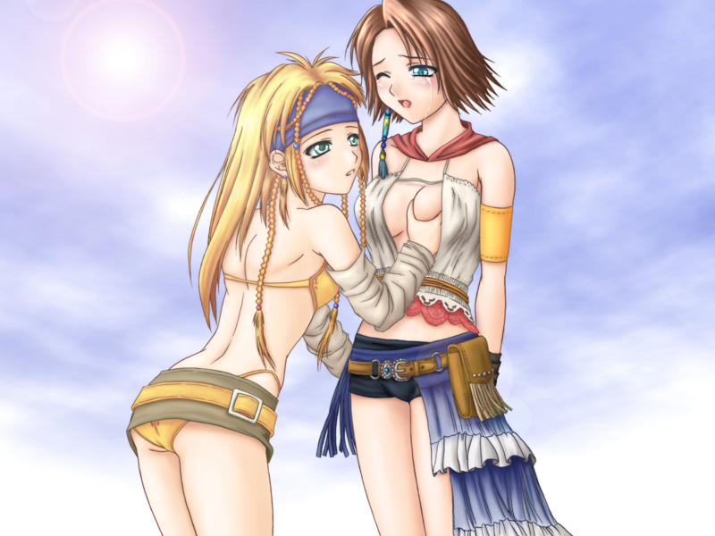 rikku (ff10), yuna, yuna (ff10), final fantasy, final fantasy x, final fantasy x-2, 00s, 2girls, ass, blonde hair, bra, braid, breasts, brown hair, cousins, grabbing another's breast, green eyes, groping, incest, large breasts, lingerie, multiple girls, outdoors, panties, squinting, tears, thong, underwear, yellow bra, yellow panties, yuri
