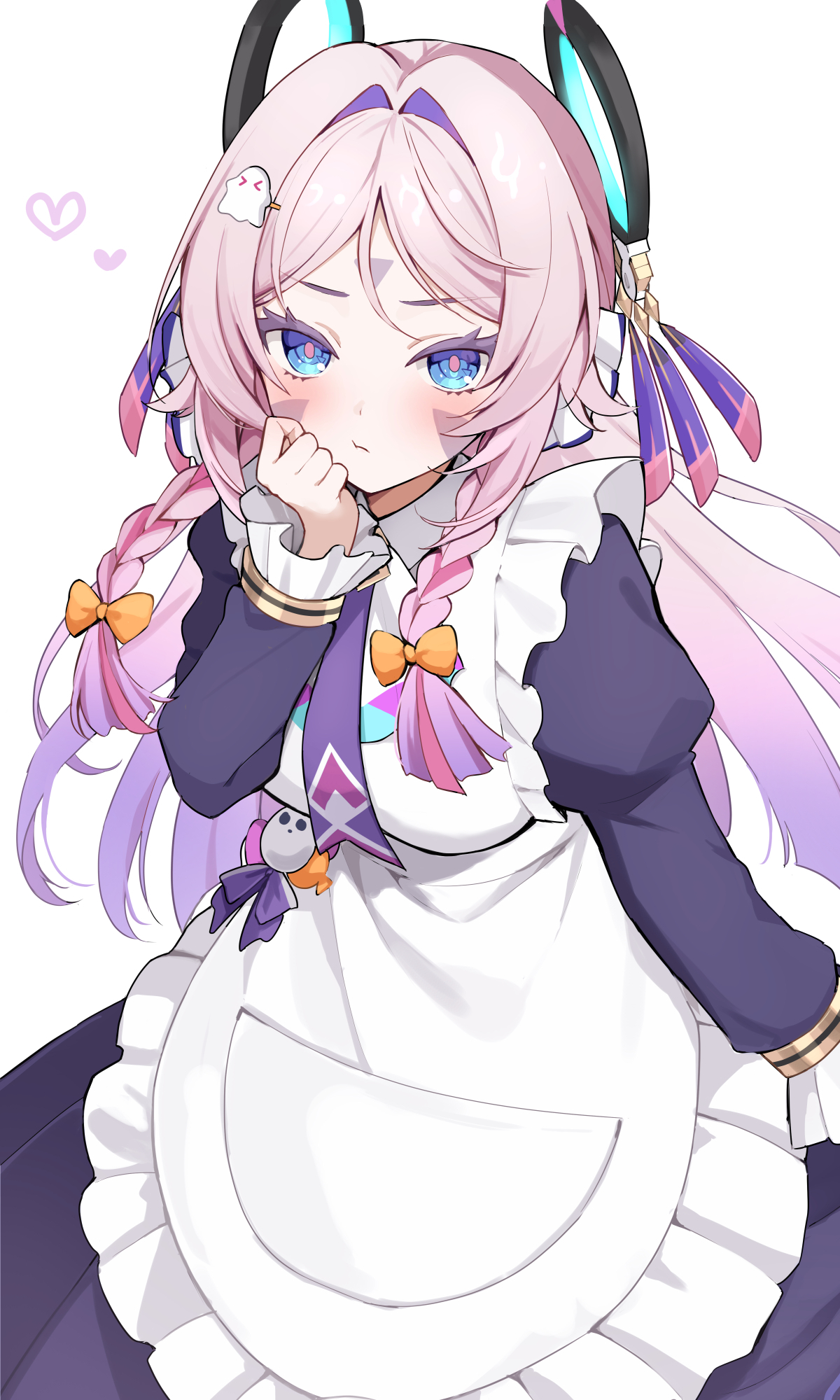 ura (hamburg oniku), citlali (genshin impact), genshin impact, commentary, highres, 1girl, alternate costume, apron, black dress, blue eyes, bow, braid, closed mouth, contemporary, dress, enmaided, facial mark, hair bow, hand up, light blush, long hair, long sleeves, looking at viewer, maid, orange bow, pink hair, pink pupils, simple background, solo, triangle, triangle facial mark, twin braids, white apron, white background