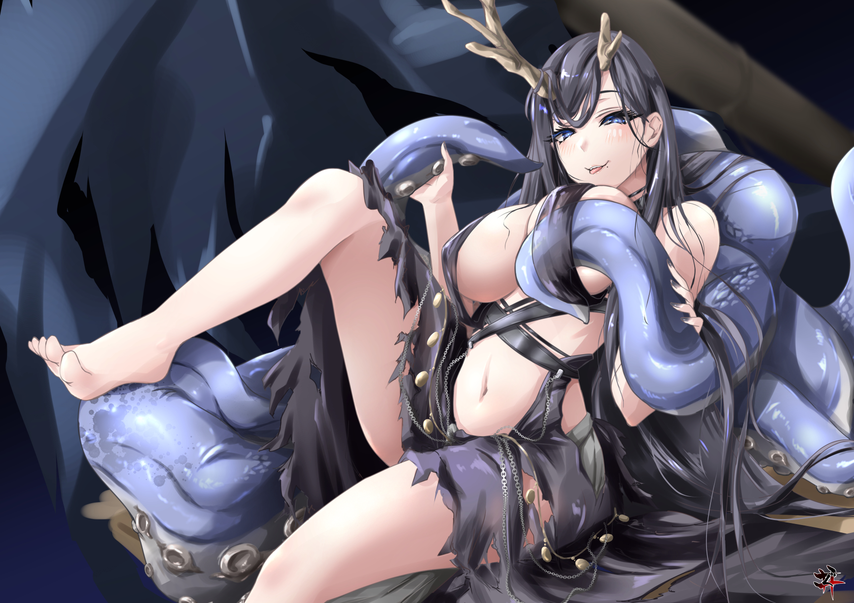 gudon (iukhzl), golden hind (azur lane), azur lane, commentary request, highres, 1girl, antlers, asymmetrical horns, black dress, black hair, blue eyes, breast curtains, breasts, cleavage, dress, foot out of frame, horns, large breasts, long hair, looking at viewer, navel, reindeer antlers, revealing clothes, solo, stomach, suction cups, tentacles, tongue, very long hair