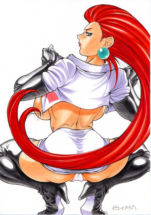 pierre norano, jessie (pokemon), nintendo, pokemon, jpeg artifacts, 1girl, ass, backboob, boots, breasts, earrings, from behind, high heels, jacket, jewelry, large breasts, legs, long hair, looking back, microskirt, naughty face, open clothes, open jacket, panties, red hair, shoes, simple background, skirt, spread legs, squatting, thigh boots, thighhighs, thighs, underwear, white background, white panties