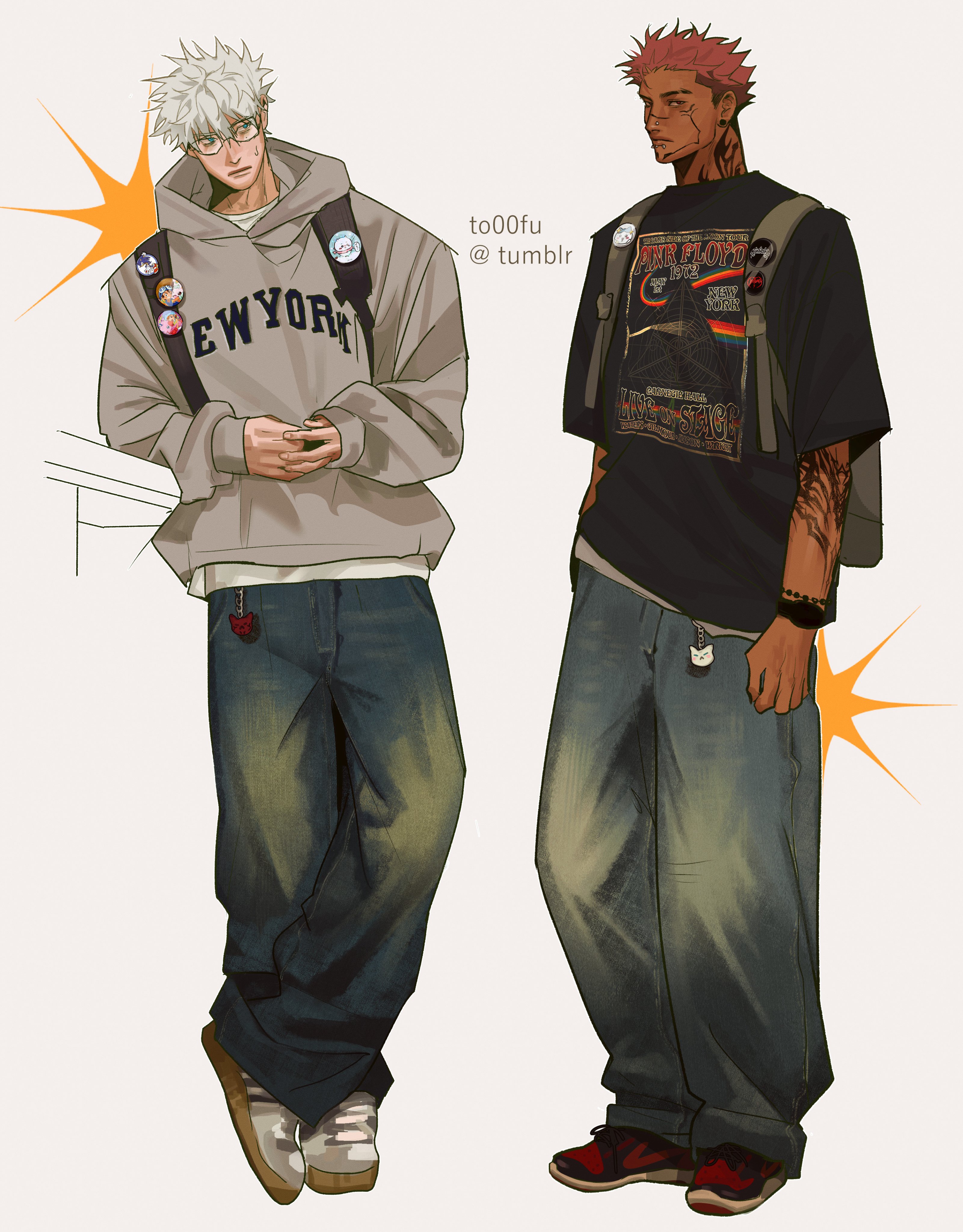 to 0fu, chiikawa (character), gojou satoru, hachiware (chiikawa), koromon, piyomon, ryoumen sukuna (jujutsu kaisen), sonic the hedgehog, yagami hikari, yagami taichi, jujutsu kaisen, pink floyd, absurdres, commentary, english commentary, highres, 2boys, against railing, alternate costume, alternate skin color, animal charm, arm tattoo, backpack, badge, bag, baggy pants, band shirt, bead bracelet, beads, belt charm, black bag, black shirt, blue eyes, bracelet, button badge, cat charm, character badge, charm (object), closed mouth, clothes writing, crossed ankles, cyber sigilism, denim, eyebrow cut, face piercing, facial tattoo, full body, glasses, grey bag, grey hoodie, hair between eyes, hand in pocket, hood, hoodie, jeans, jewelry, labret piercing, looking at another, looking to the side, merchandise, mouth piercing, multiple boys, neck tattoo, nose piercing, obituary (band), oversized clothes, oversized shirt, pants, piercing, pink hair, plug (piercing), print shirt, railing, red eyes, red shoes, shirt, shoes, short hair, sneakers, standing, streetwear, sweatdrop, t-shirt, tan, tattoo, text print, tumblr username, watch, white background, white hair, white shirt, white shoes, wristwatch, y2k fashion