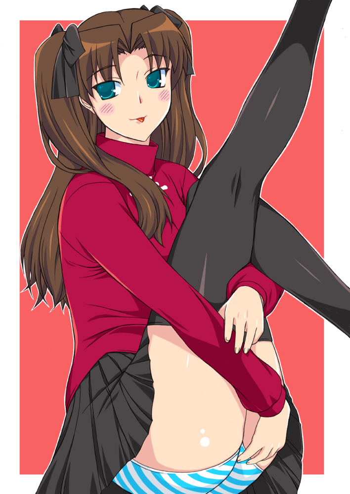 shichimenchou, tohsaka rin, fate/stay night, fate (series), 00s, 1girl, :p, ass, black thighhighs, blush, brown hair, female focus, green eyes, legs, long legs, naughty face, panties, pantyshot, ribbon, skirt, solo, striped clothes, striped panties, thighhighs, tongue, tongue out, twintails, two side up, underwear, upskirt