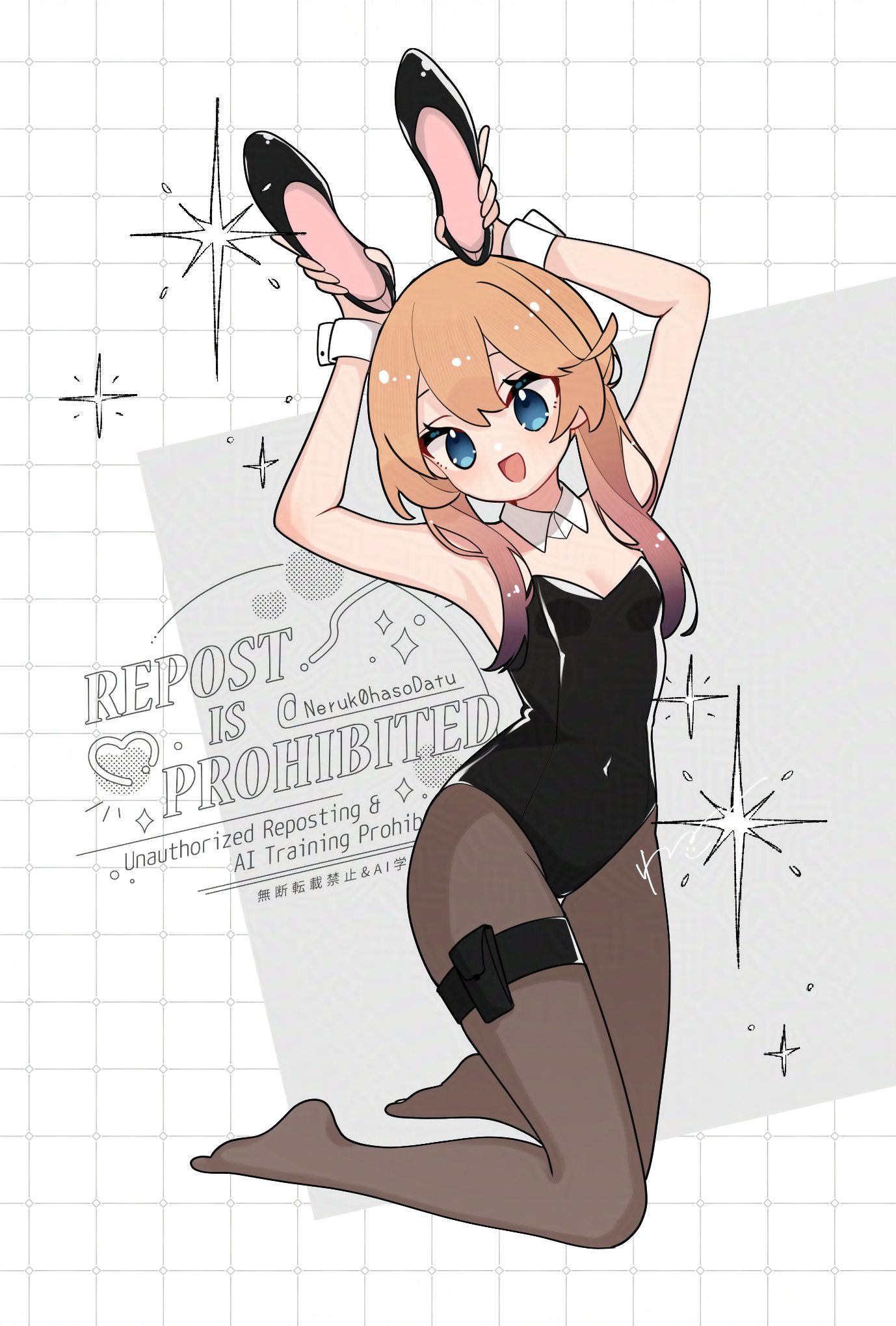 original, commentary request, highres, 1girl, arms up, barefoot, belt, black leotard, black pantyhose, blonde hair, blue eyes, breasts, covered navel, detached collar, gradient hair, holding, holding shoes, holding unworn clothes, kneeling, leotard, long hair, looking at viewer, multicolored hair, neruk0hasodatu, open mouth, pantyhose, playboy bunny, pouch, shoes, small breasts, solo, strapless, strapless leotard, thigh belt, thigh pouch, thigh strap, unworn shoes, white wrist cuffs, wrist cuffs