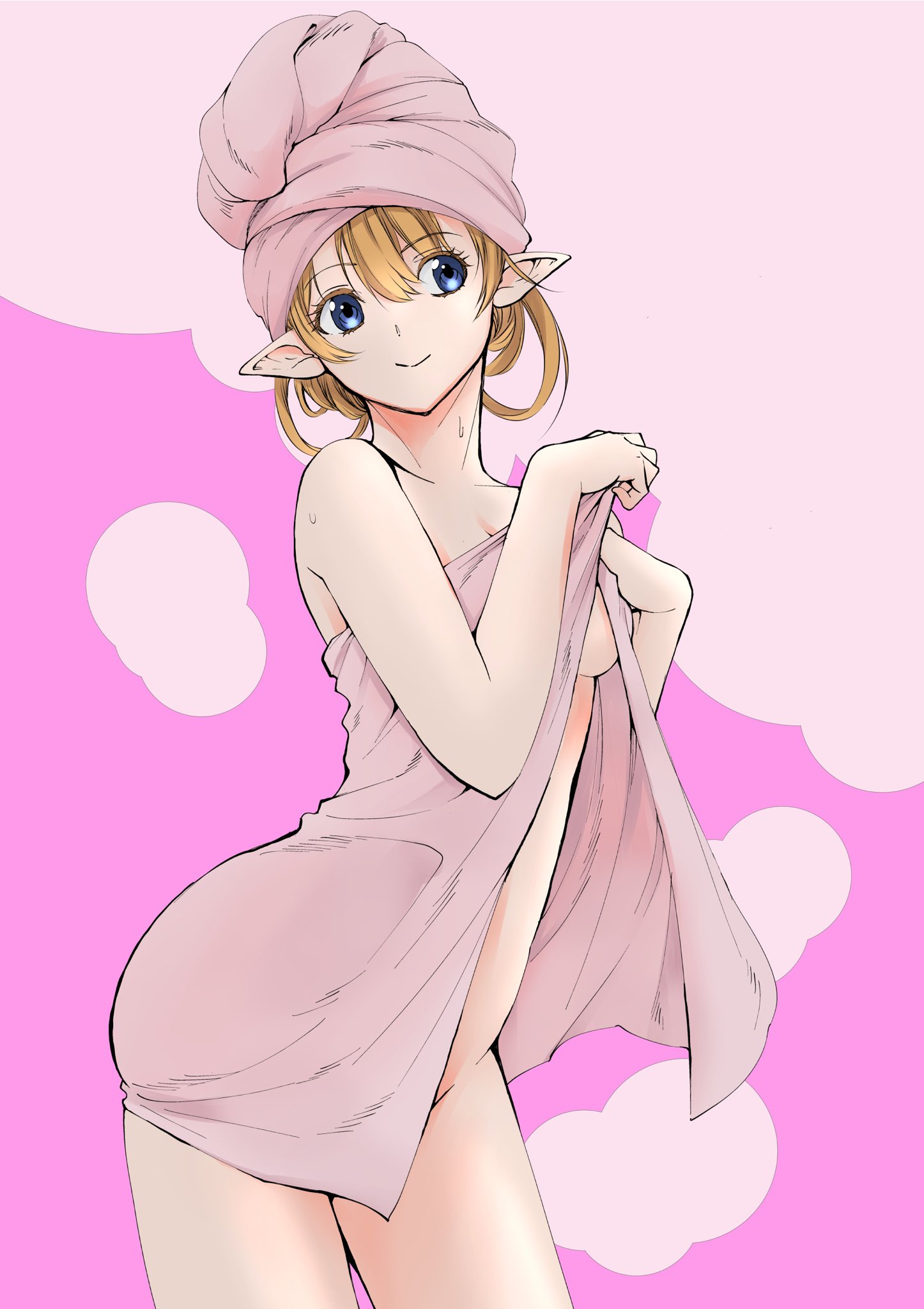 yagi takashi, lefiya viridis, dungeon ni deai wo motomeru no wa machigatteiru darou ka, commentary request, highres, 1girl, bare shoulders, blue eyes, breasts, closed mouth, colored eyelashes, covering privates, elf, hair between eyes, hands up, medium breasts, naked towel, orange hair, pink background, pointy ears, short hair, smile, solo, standing, sweat, towel, towel on head
