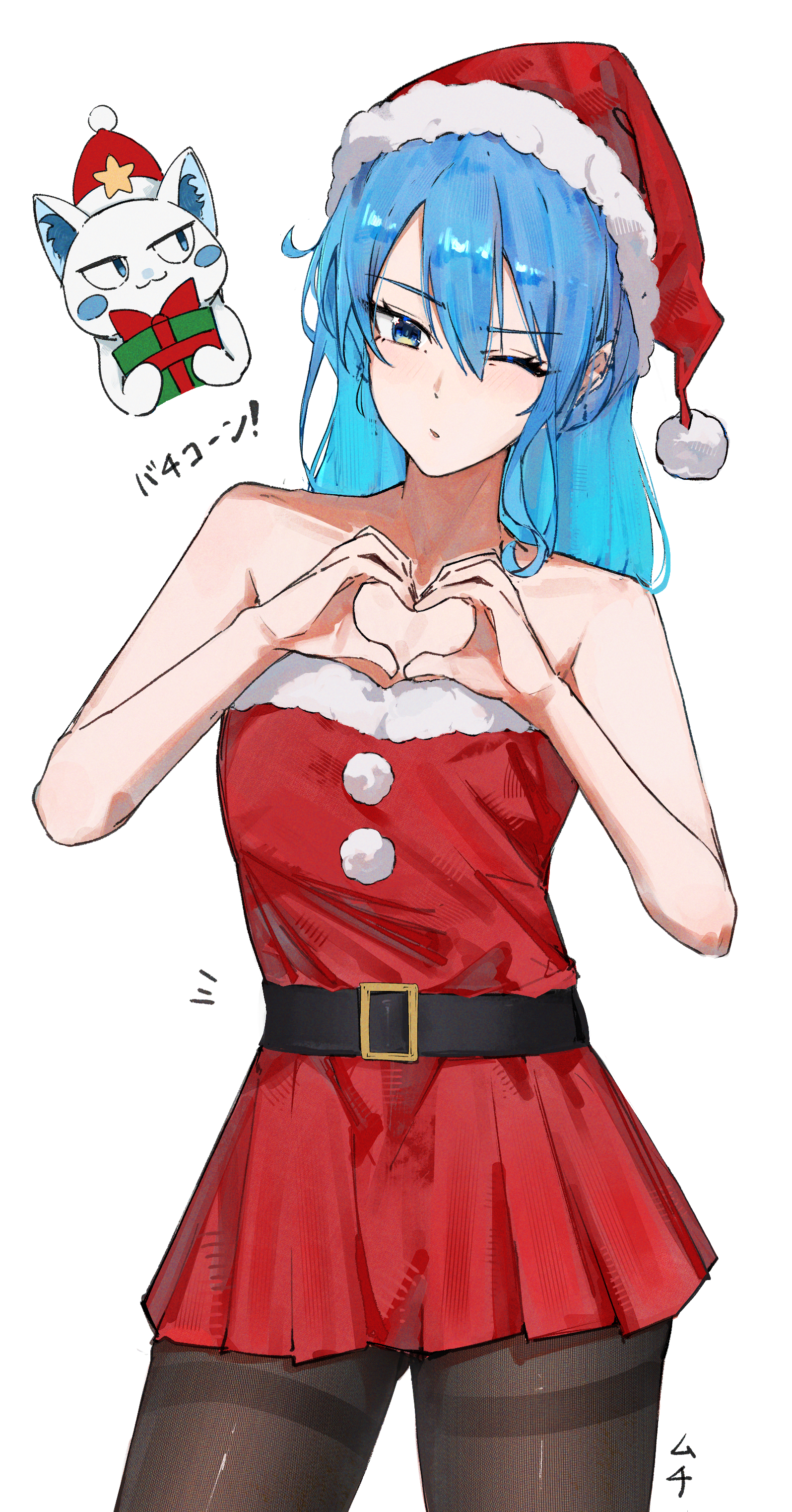 virgo76612871, hoshimachi suisei, takoyaki (hoshimachi suisei), hololive, absurdres, commentary, highres, symbol-only commentary, 1girl, bare arms, bare shoulders, cat, christmas, christmas present, cowboy shot, dress, gift, hat, heart, heart hands, long hair, off-shoulder dress, off shoulder, one eye closed, pantyhose, red dress, santa costume, santa hat, simple background, solo, star (symbol), star in eye, symbol in eye, virtual youtuber, white background