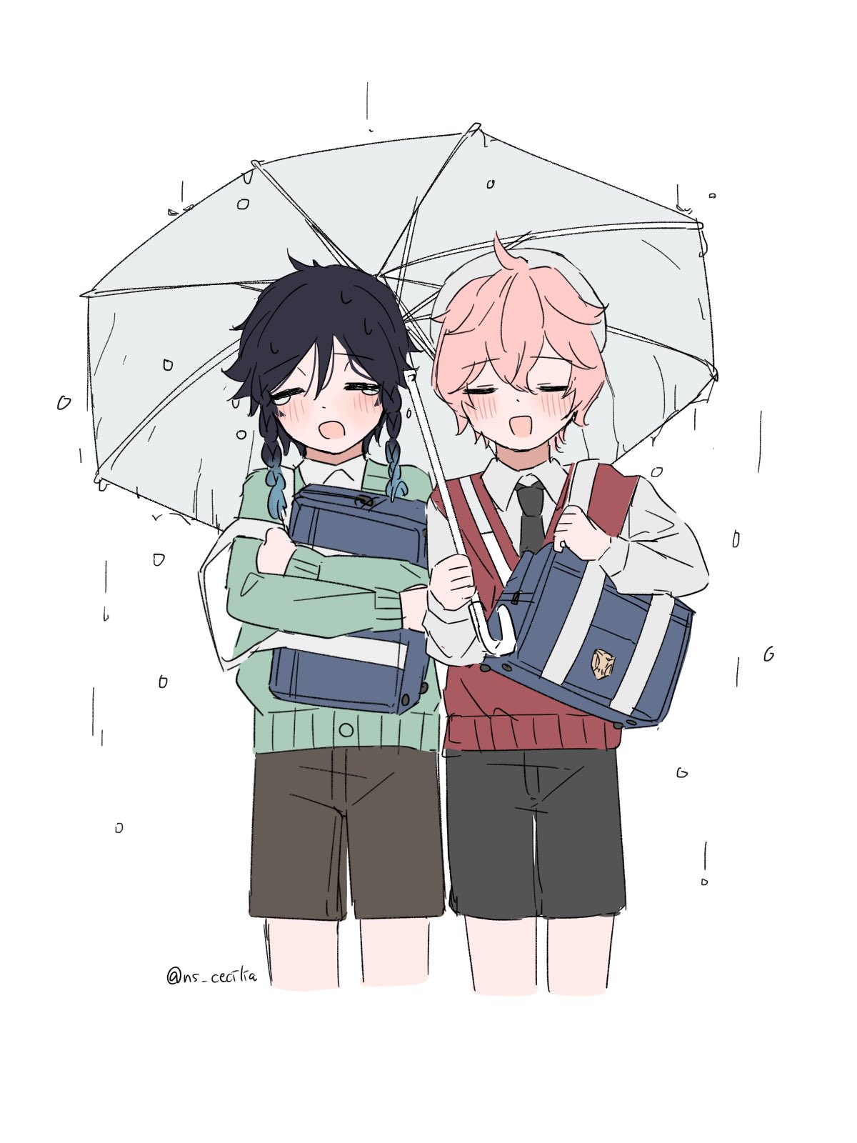 dahlia (genshin impact), venti (genshin impact), genshin impact, highres, 2boys, alternate costume, artist name, bag, black hair, black necktie, black shorts, blue hair, blush, braid, brown shorts, closed eyes, collared shirt, gradient hair, green sweater, hair between eyes, hat, holding, holding umbrella, long sleeves, multicolored hair, multiple boys, necktie, ns cecilia, pink hair, rain, red sweater, school bag, shirt, short hair, shorts, simple background, smile, sweater, twin braids, umbrella, white background, white hat, white shirt