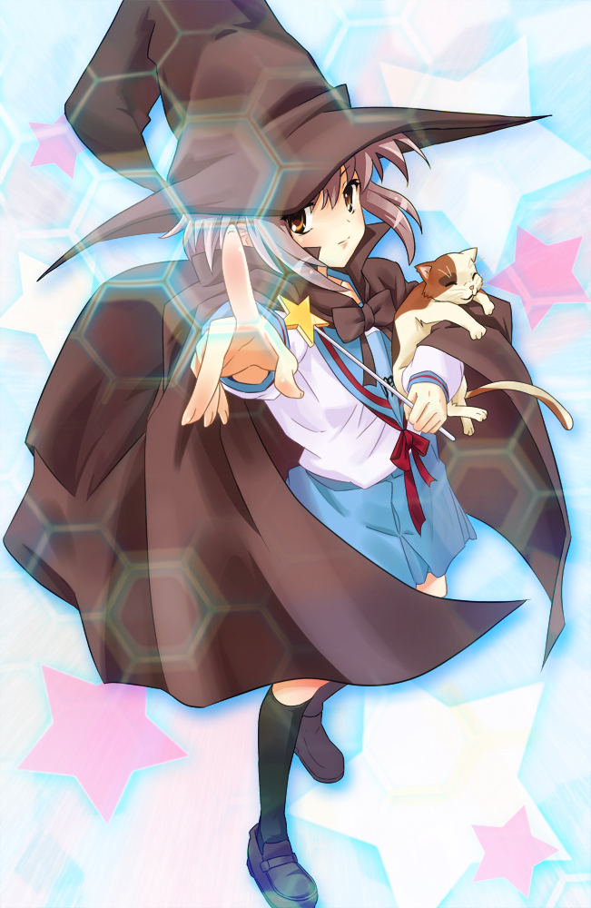 sumire (artist), urabi (tomatohouse), nagato yuki, shamisen (suzumiya haruhi), suzumiya haruhi no yuuutsu, 00s, 1girl, black socks, calico (pattern), calico cat, cape, cat, female focus, hat, kneehighs, loafers, school uniform, serafuku, shoes, socks, solo, star (symbol), wand, witch hat