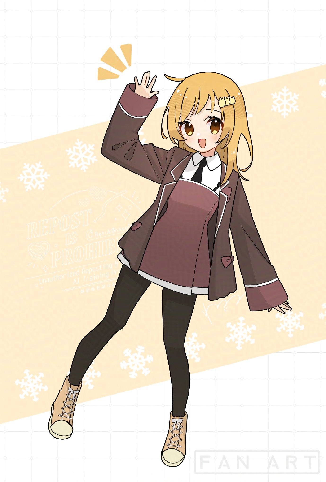 character request, commentary request, copyright request, highres, 1girl, arm up, black necktie, black pantyhose, blonde hair, brown dress, brown eyes, brown jacket, dress, full body, hair ornament, jacket, long hair, looking at viewer, necktie, neruk0hasodatu, pantyhose, solo