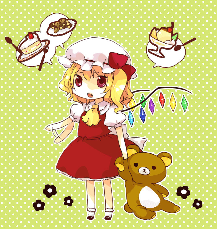 katagiri (mighty swing), flandre scarlet, rilakkuma, san-x, touhou, bad id, bad pixiv id, 1girl, blonde hair, cake, chibi, cookie, female focus, food, hat, pastry, ponytail, pudding, red eyes, short hair, side ponytail, solo, spoken food, stuffed animal, stuffed toy, teddy bear, wings