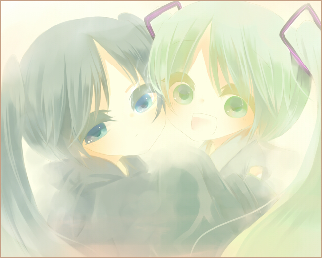 suimennnotuki, black rock shooter (character), hatsune miku, black rock shooter, vocaloid, bad id, bad pixiv id, 10s, 2girls, aqua eyes, aqua hair, black hair, blue eyes, green eyes, green hair, hug, long hair, multiple girls, twintails