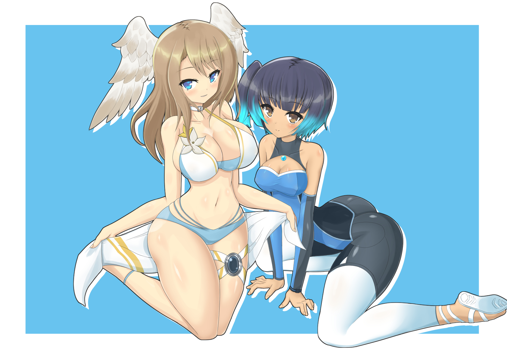 migotaa, eunie (xenoblade), sena (xenoblade), xenoblade chronicles (series), xenoblade chronicles 3, 2girls, ass, bikini, blue eyes, blush, breasts, brown eyes, brown hair, dark-skinned female, dark skin, large breasts, long hair, looking at viewer, medium hair, multiple girls, one-piece swimsuit, swimsuit, wings