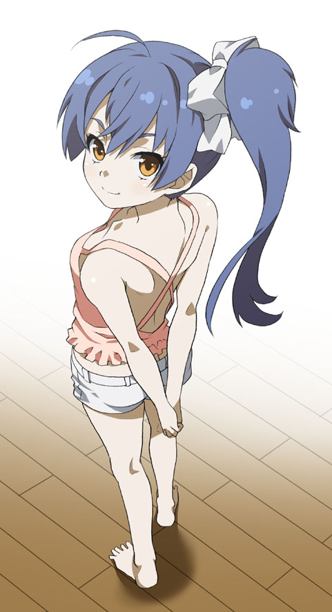 mattaku mousuke, original, 1girl, back, barefoot, blue hair, downblouse, feet, female focus, legs, long hair, ponytail, shorts, smile, solo, standing