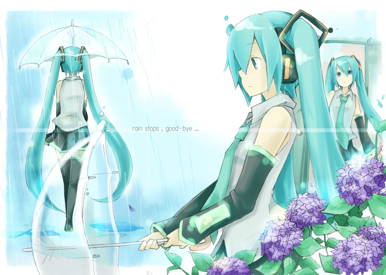 kadokoa, koa (pixiv), hatsune miku, vocaloid, bad id, bad pixiv id, 1girl, aqua eyes, aqua hair, detached sleeves, english text, flower, headphones, hydrangea, long hair, necktie, rain, skirt, thighhighs, transparent, transparent umbrella, twintails, umbrella, very long hair