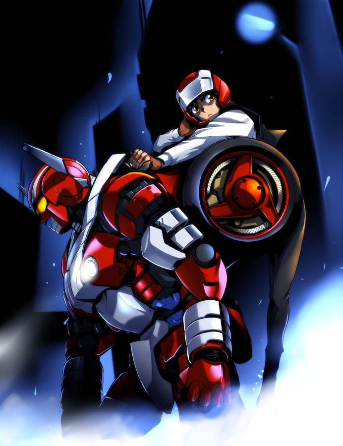 ez6, denjin zaboga, tagme, helmet, long sleeves, mecha, night, robot, unused tire