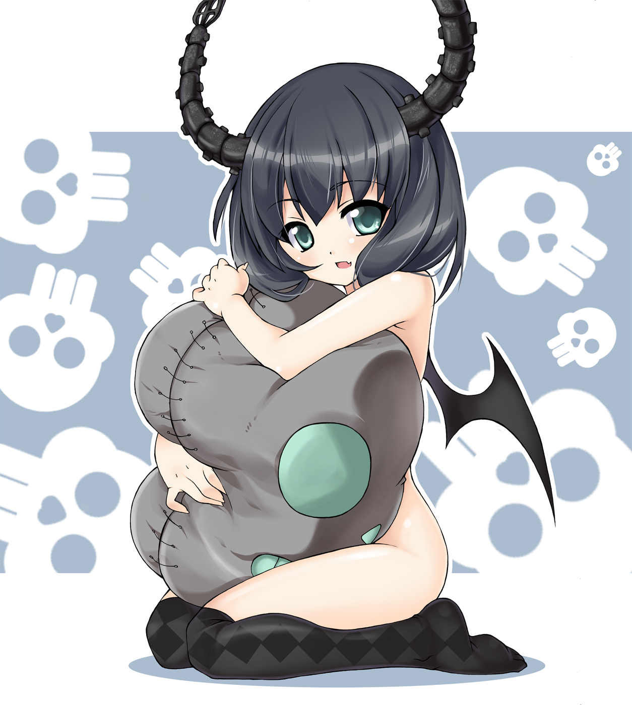 mushi024, dead master, black rock shooter, highres, 10s, 1girl, bat wings, fang, female focus, horns, hug, hugging object, nude, pillow, pillow hug, sitting, smile, solo, thighhighs, thighs, wariza, wings