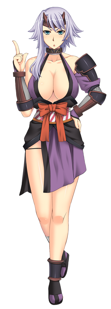 redrop, shizuka (queen's blade), queen's blade, silver hair, long image, tall image, 00s, 1girl, :<, blue eyes, breasts, cleavage, female focus, headband, horns, ninja, ribbon, solo, transparent background