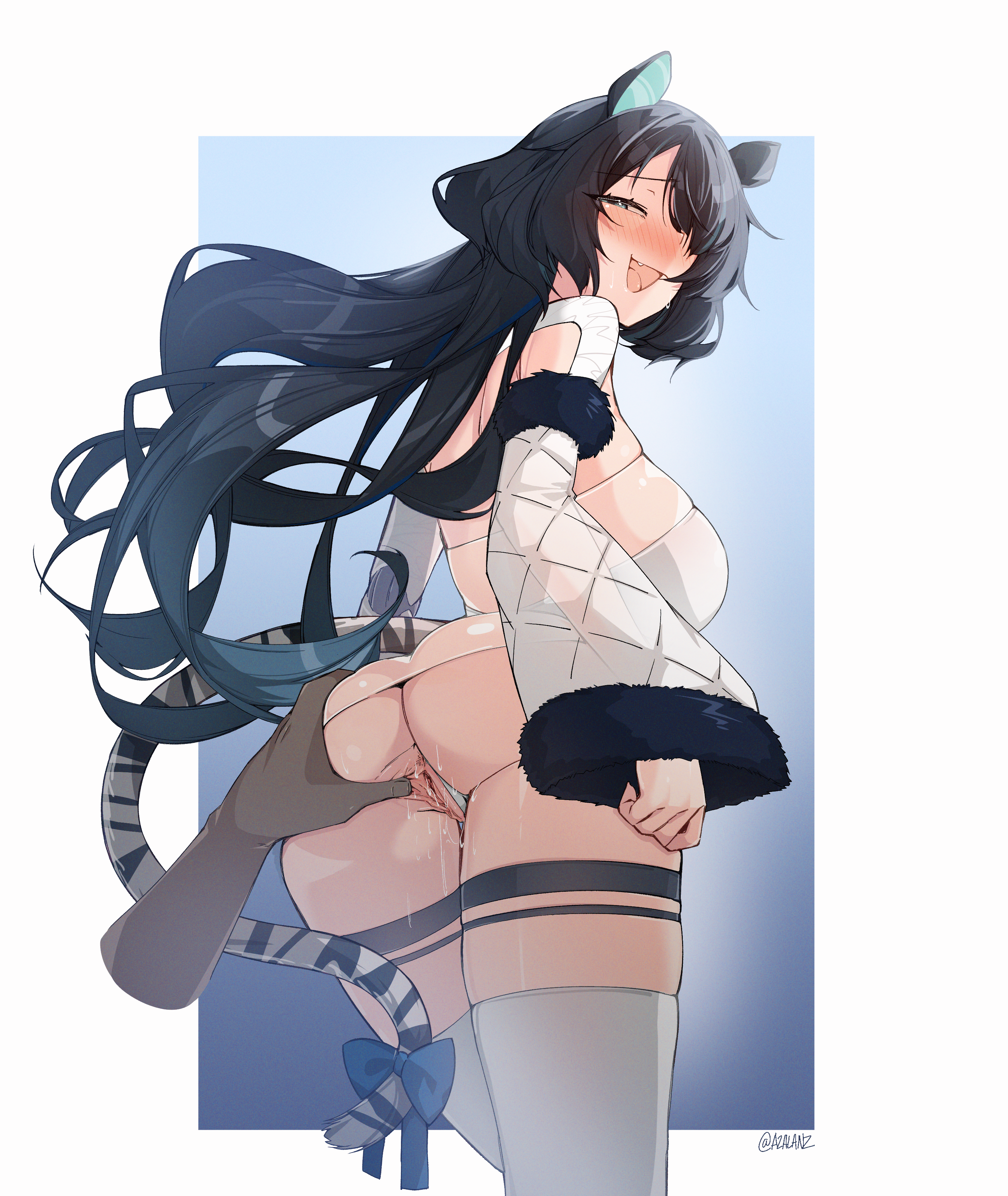 tilt-shift (azalanz), erina makina, phase connect, absurdres, commission, highres, 1girl, animal ears, ass, black hair, black straps, blue bow, blue eyes, blue hair, blush, border, bow, breasts, clothing aside, cowboy shot, dark skin, detached sleeves, disembodied hand, from behind, fur-trimmed sleeves, fur trim, gradient background, gradient hair, hair over one eye, half-closed eyes, large breasts, leotard, leotard aside, long hair, long sleeves, looking at viewer, looking back, multicolored hair, multiple thigh straps, naughty face, open mouth, outside border, pussy juice, sleeves past wrists, solo focus, spread pussy, tail, tail bow, tail ornament, thigh strap, thighhighs, thighs, tiger ears, tiger tail, twitter username, two-tone hair, uncensored, virtual youtuber, white border, white leotard, white thighhighs