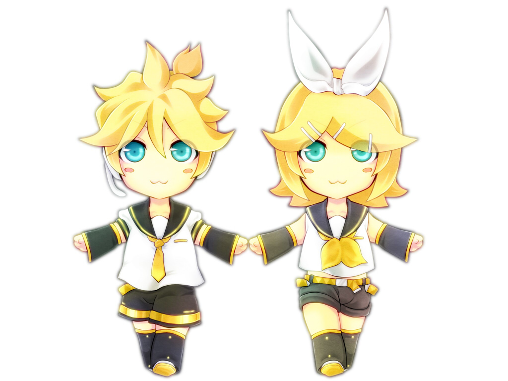pokepika, kagamine len, kagamine rin, vocaloid, 1boy, 1girl, :3, aqua eyes, blonde hair, blush stickers, brother and sister, chibi, hair ornament, hair ribbon, hairclip, ribbon, short hair, shorts, siblings, simple background, smile, twins