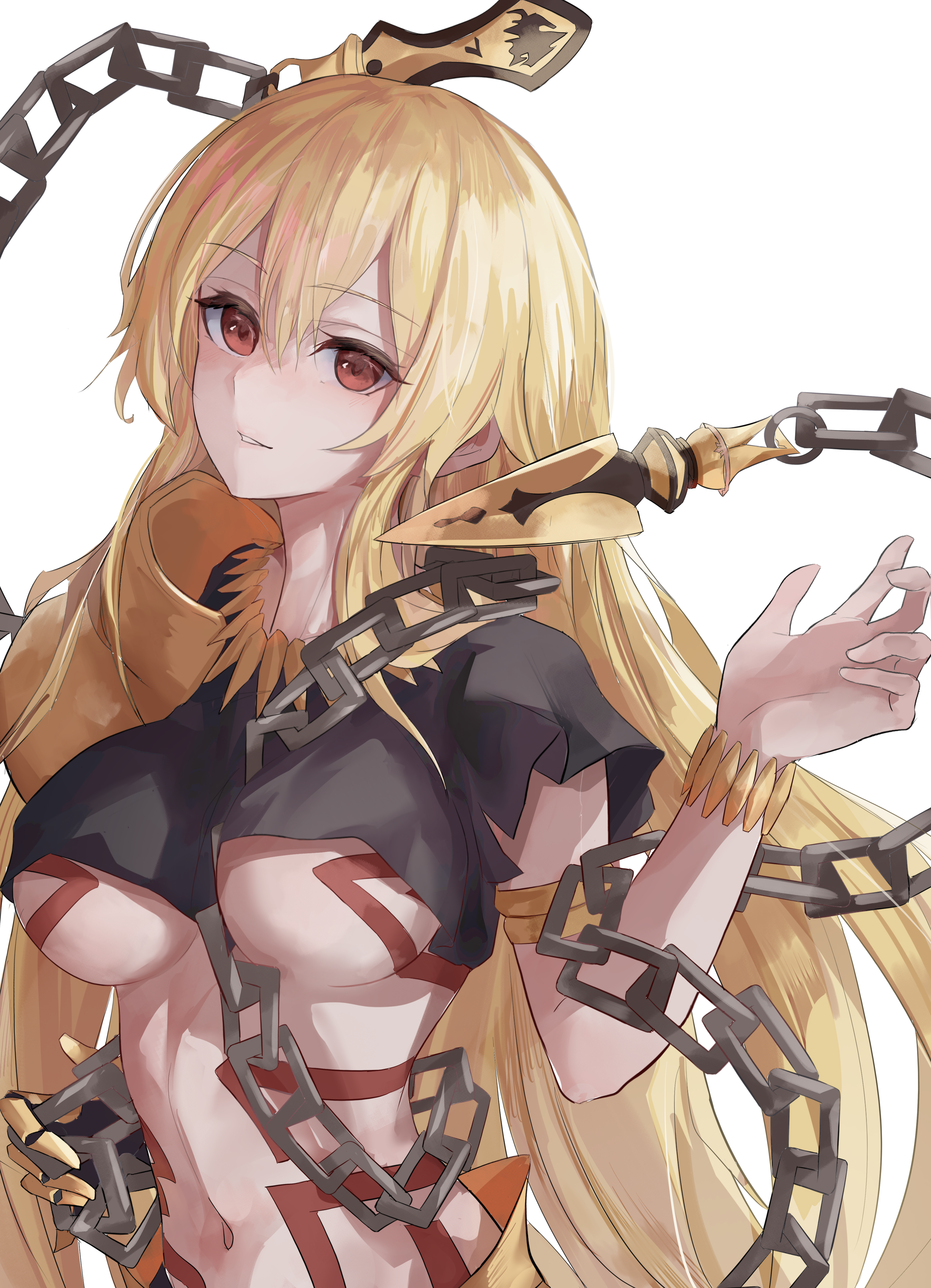 zasyuu 11, gilgamesh (fate), fate/grand order, fate (series), absurdres, commentary request, highres, 1girl, armlet, black shirt, blonde hair, blush, body markings, bracelet, breasts, chain, cropped shirt, enkidu (weapon) (fate), genderswap, genderswap (mtf), jewelry, large breasts, long hair, looking at viewer, navel, necklace, red eyes, shirt, short sleeves, solo, underboob