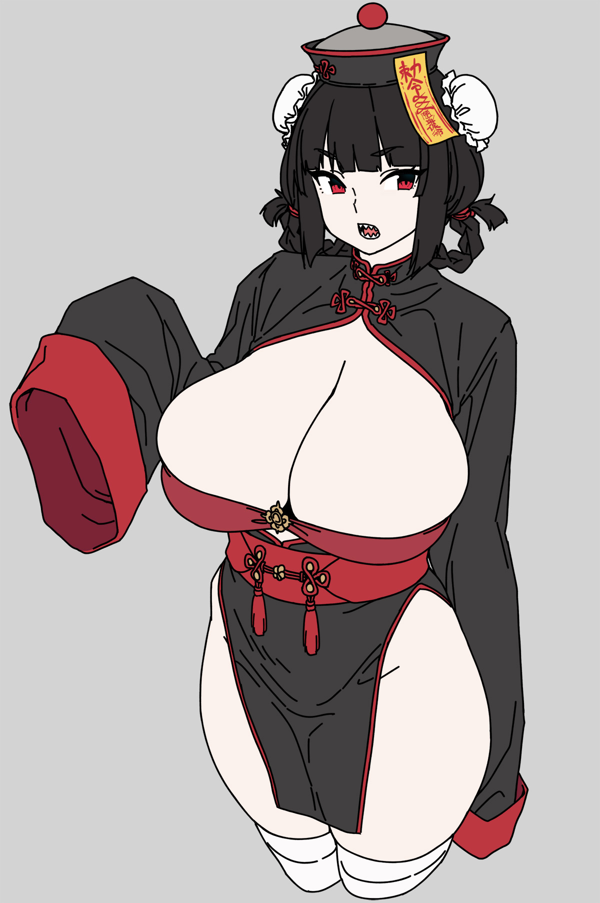 houtengeki, original, commentary request, highres, 1girl, breasts, bun cover, cleavage, cropped legs, double bun, flat color, grey background, hair bun, hat, huge breasts, jiangshi, ofuda, open mouth, pelvic curtain, qingdai guanmao, red eyes, sharp teeth, simple background, sleeves past fingers, sleeves past wrists, solo, teeth