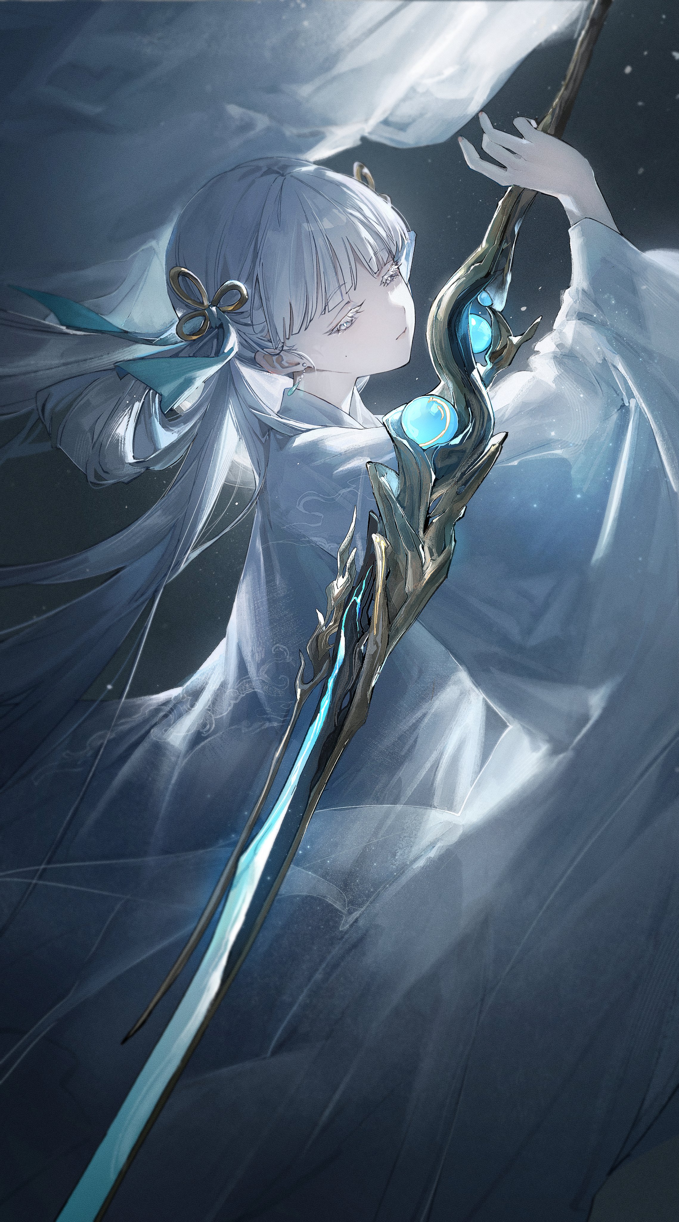 secretfj520, jinhsi (wuthering waves), wuthering waves, absurdres, commentary, highres, 1girl, aqua ribbon, chinese clothes, closed mouth, colored eyelashes, earrings, expressionless, grey theme, hair ribbon, hanfu, holding, holding sword, holding weapon, jewelry, mole, mole on cheek, reverse grip, ribbon, solo, sword, weapon, white eyelashes, white hair, white hanfu, wide sleeves