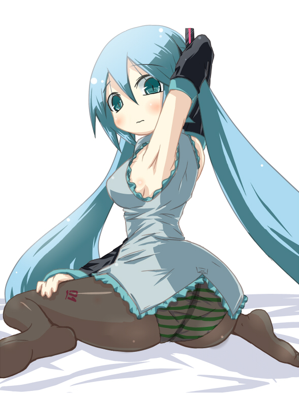 tsuntarou, hatsune miku, vocaloid, bad id, bad pixiv id, 1girl, aqua eyes, aqua hair, armpits, blush, detached sleeves, female focus, long hair, looking back, panties, panties under pantyhose, pantyhose, solo, striped clothes, striped panties, twintails, underwear, very long hair