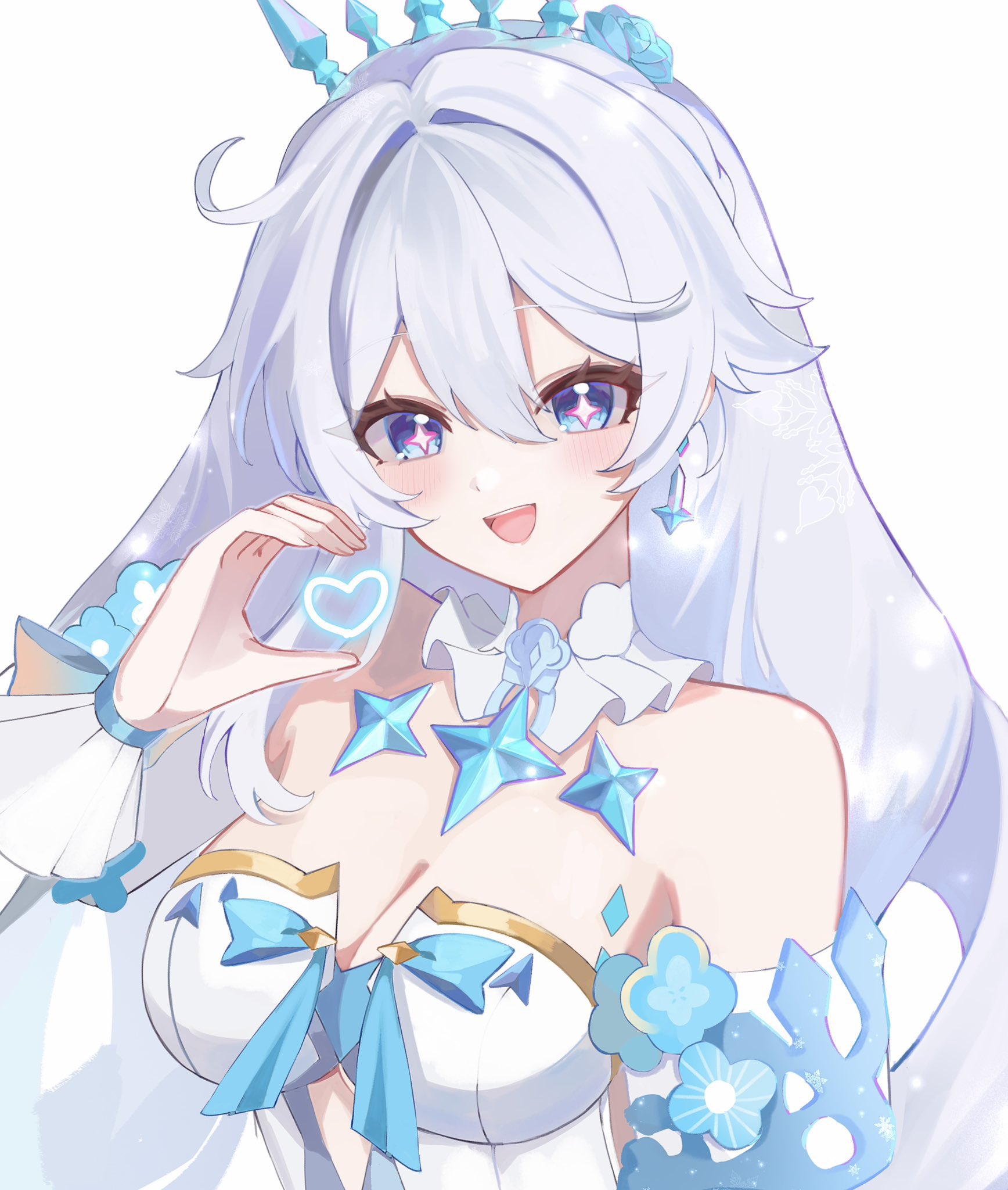 tdatnst, kiana kaslana, kiana kaslana (ba-dum! fiery wishing star), kiana kaslana (wintery wishes), honkai (series), honkai impact 3rd, commentary, highres, symbol-only commentary, 1girl, ahoge, bare shoulders, blue eyes, breasts, cleavage, diamond-shaped pupils, diamond (shape), dress, earrings, half-heart hands, jewelry, large breasts, long hair, looking at viewer, official alternate costume, simple background, smile, solo, symbol-shaped pupils, tiara, upper body, very long hair, white background, white dress, white hair