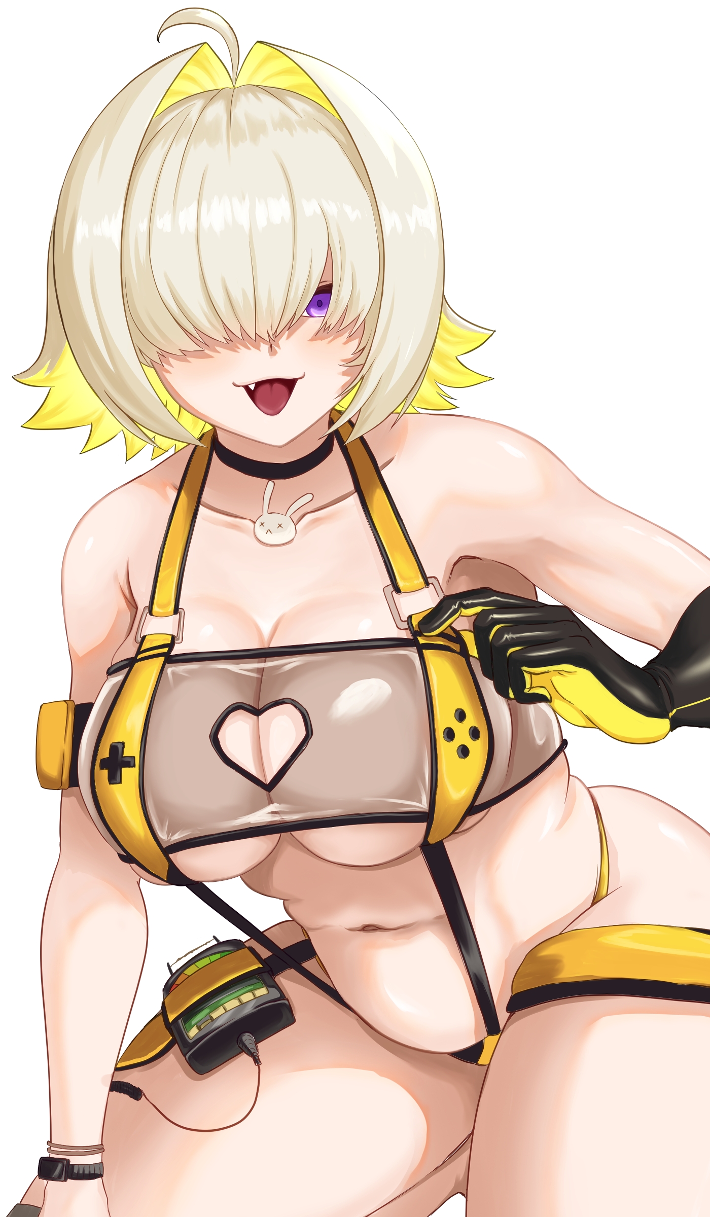 elegg (boom and shock) (nikke), elegg (nikke), goddess of victory: nikke, absurdres, commentary request, highres, 1girl, ahoge, black choker, blonde hair, blush, breasts, choker, cleavage, clothing cutout, fang, game controller print, gloves, hair intakes, hair over eyes, heart cutout, kneeling, large breasts, long bangs, looking at viewer, multicolored hair, navel, official alternate costume, open mouth, plump, purple eyes, rabbit choker, rabbit ornament, see-through slingshot swimsuit, shiny skin, short hair, simple background, slingshot swimsuit, smile, solo, swimsuit, thighs, two-sided gloves, two-tone hair, user catk2382, white background, yellow slingshot swimsuit