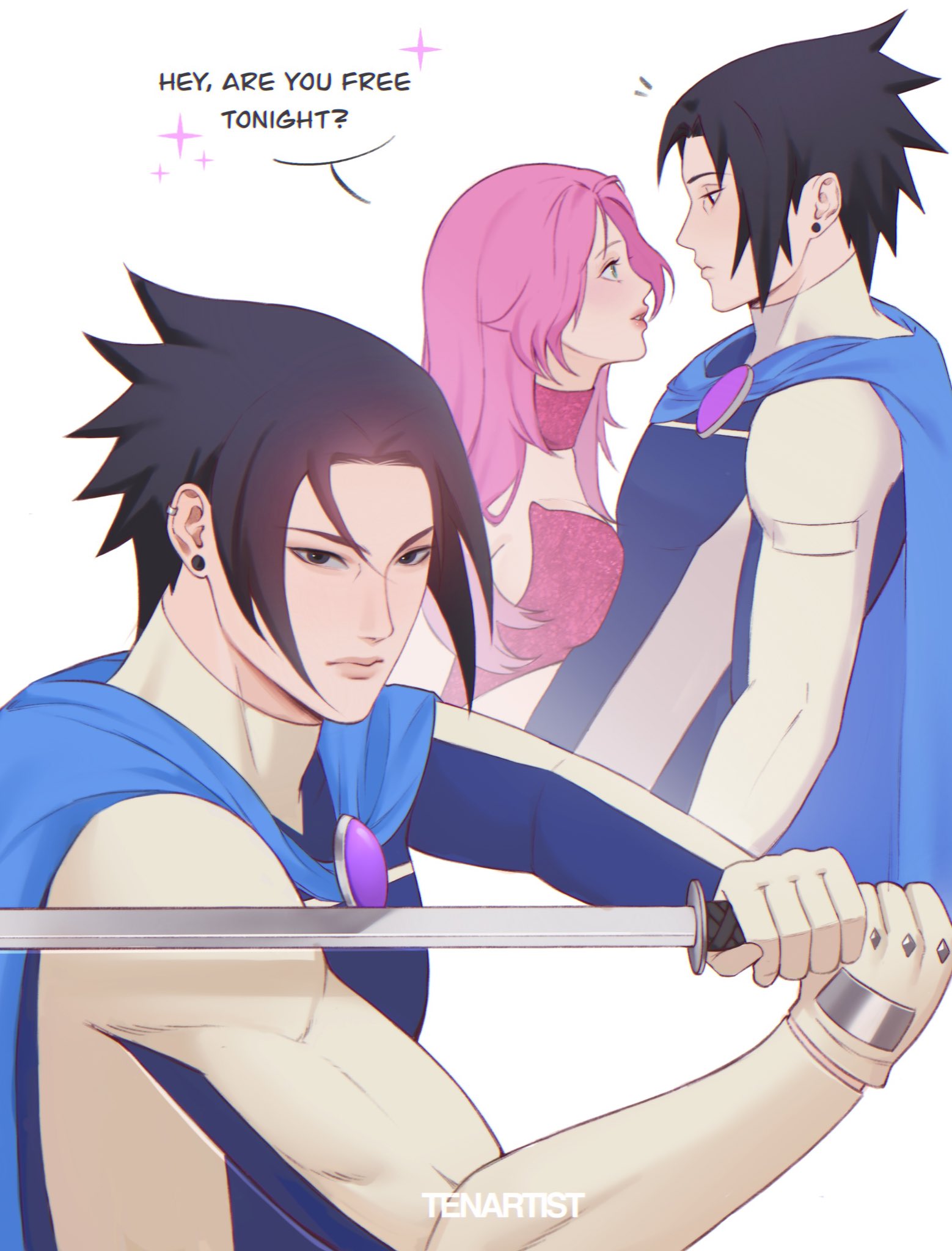 tenartistt, haruno sakura, uchiha sasuke, naruto (series), winx club, pink top, commentary, english commentary, highres, 1boy, 1girl, alternate costume, alternate universe, black eyes, black hair, blue bodysuit, blue cloak, bodysuit, chromatic aberration, cloak, closed mouth, collar, crop top, detached collar, earrings, eye contact, from side, gem, glitter, gloves, green eyes, height difference, hetero, holding, holding sword, holding weapon, jewelry, long hair, looking at another, looking at viewer, multicolored bodysuit, multiple views, parted bangs, parted lips, pink collar, pink hair, purple gemstone, sparkle background, speech bubble, spiked hair, strapless, stud earrings, sword, teeth, turtleneck, turtleneck bodysuit, two-tone bodysuit, upper body, weapon, white background, white bodysuit, white gloves
