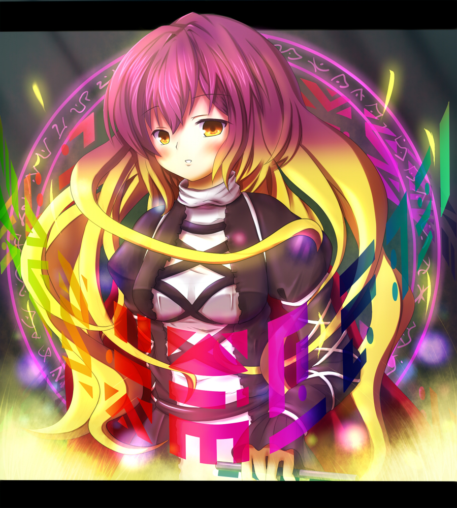yudon chawan, yunomi chawan, hijiri byakuren, touhou, bad id, bad pixiv id, 1girl, cape, dress, female focus, gradient hair, long hair, multicolored hair, scroll, solo, sorcerer's sutra scroll, yellow eyes