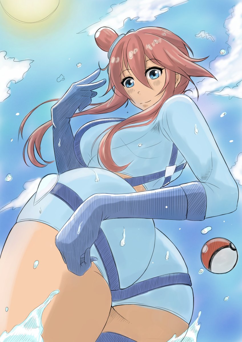 garsdraws, skyla (pokemon), nintendo, pokemon, pokemon bw, 1girl, ass, ass focus, blue eyes, blue sky, breasts, dark-skinned female, dark skin, gloves, large breasts, long hair, poke ball, red hair, shorts, sky, sunlight, suspenders, thick thighs, thigh strap, thighs