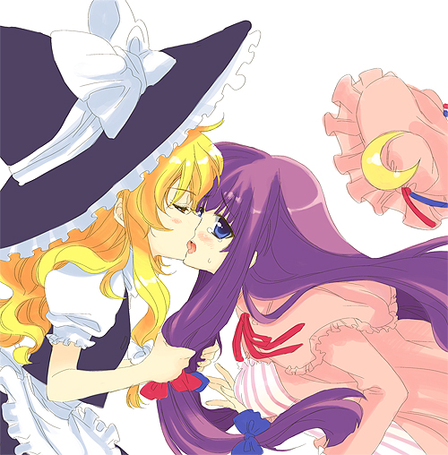 nakayama miyuki, kirisame marisa, patchouli knowledge, touhou, bad id, bad pixiv id, 2girls, blonde hair, female focus, grabbing another's hair, hat, holding another's hair, kiss, long hair, multiple girls, purple eyes, purple hair, short hair, tears, unworn hat, unworn headwear, witch, witch hat, yellow eyes, yuri