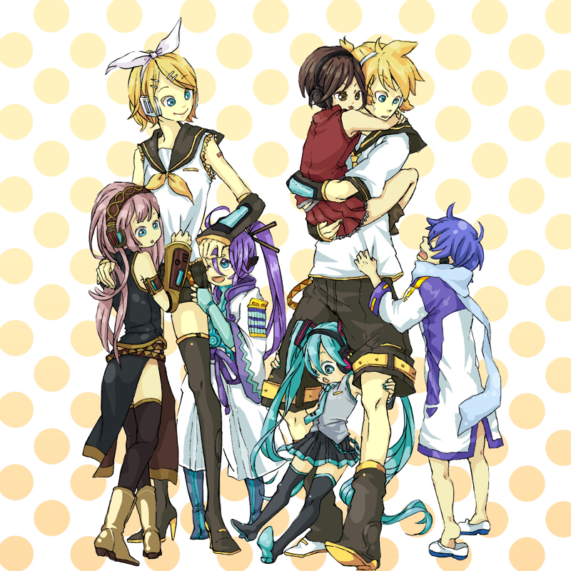 shouyu meshi, turatura, hatsune miku, kagamine len, kagamine rin, kaiko (vocaloid), kaito (vocaloid), kamui gakupo, megurine luka, meiko (vocaloid), vocaloid, 3boys, 4girls, aged down, aged up, ahoge, aqua eyes, aqua hair, blonde hair, blue eyes, blue hair, brown eyes, brown hair, detached sleeves, hair ornament, hair ribbon, hairclip, headphones, legs, multiple boys, multiple girls, necktie, one eye closed, pink hair, ponytail, purple hair, ribbon, short hair, shorts, smile, thighhighs, time paradox, twintails, wink