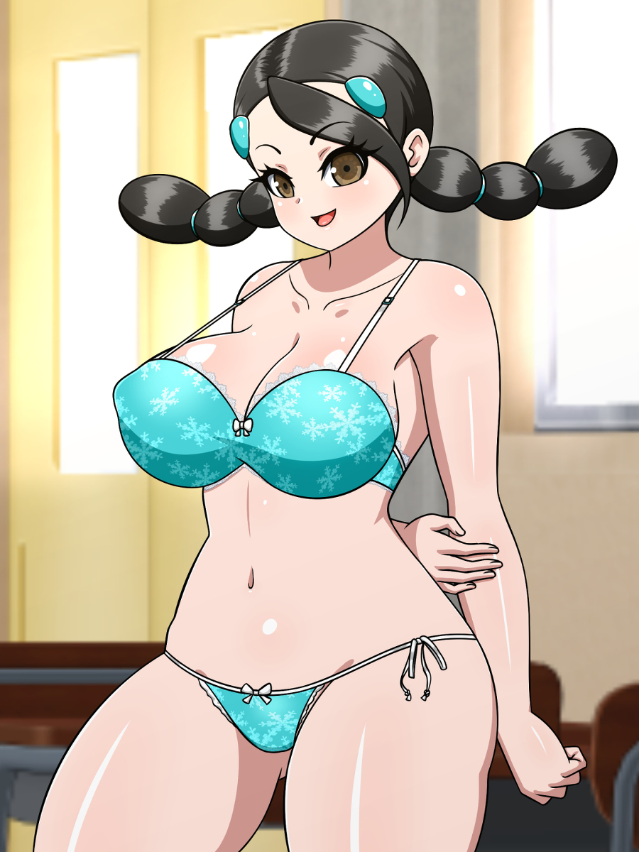 yensh, candice (pokemon), nintendo, pokemon, pokemon dppt, 1girl, black hair, brown eyes, lingerie, long hair, multi-tied hair, sunlight, underwear, window