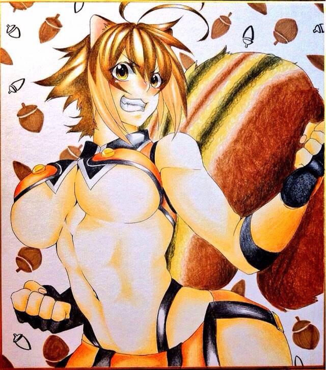 ariarikapibara2, makoto nanaya, blazblue, 1girl, acorn, animal ears, bare shoulders, blush, breasts, brown hair, fingerless gloves, gloves, large breasts, microskirt, short hair, skirt, sleeveless, squirrel ears, squirrel tail, tail, teeth, underboob