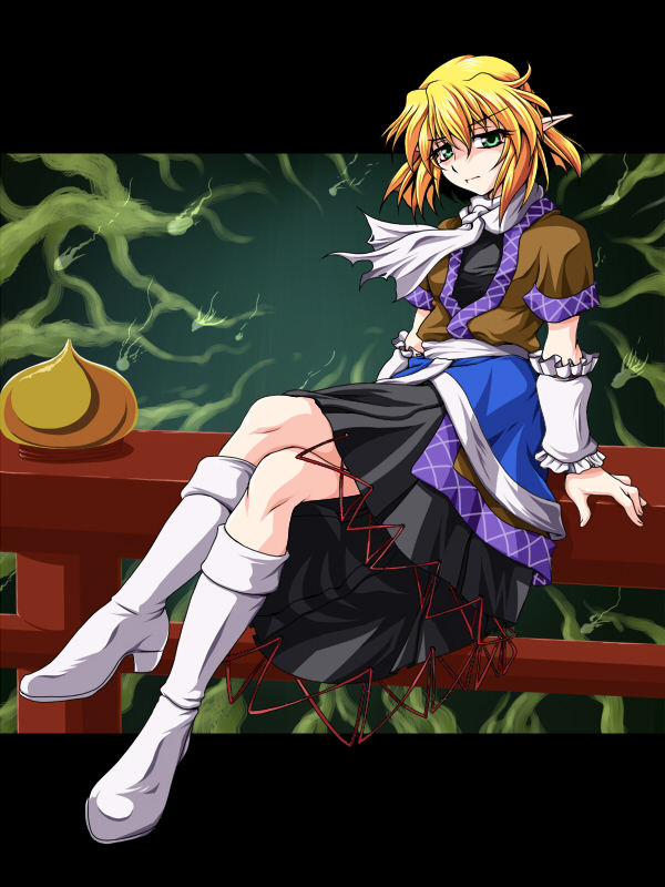 ootsuki wataru, mizuhashi parsee, touhou, bad id, bad pixiv id, 1girl, arm warmers, blonde hair, boots, female focus, full body, green eyes, pointy ears, scarf, short hair, sitting, solo