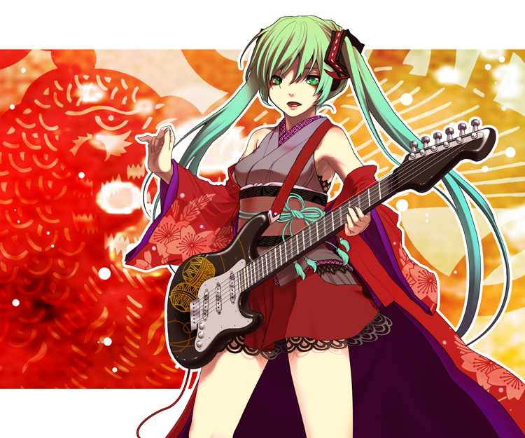 kondou (dioptrie), hatsune miku, vocaloid, bad id, bad pixiv id, 1girl, aqua eyes, aqua hair, female focus, fender stratocaster, guitar, instrument, japanese clothes, kimono, long hair, solo, twintails, yukata