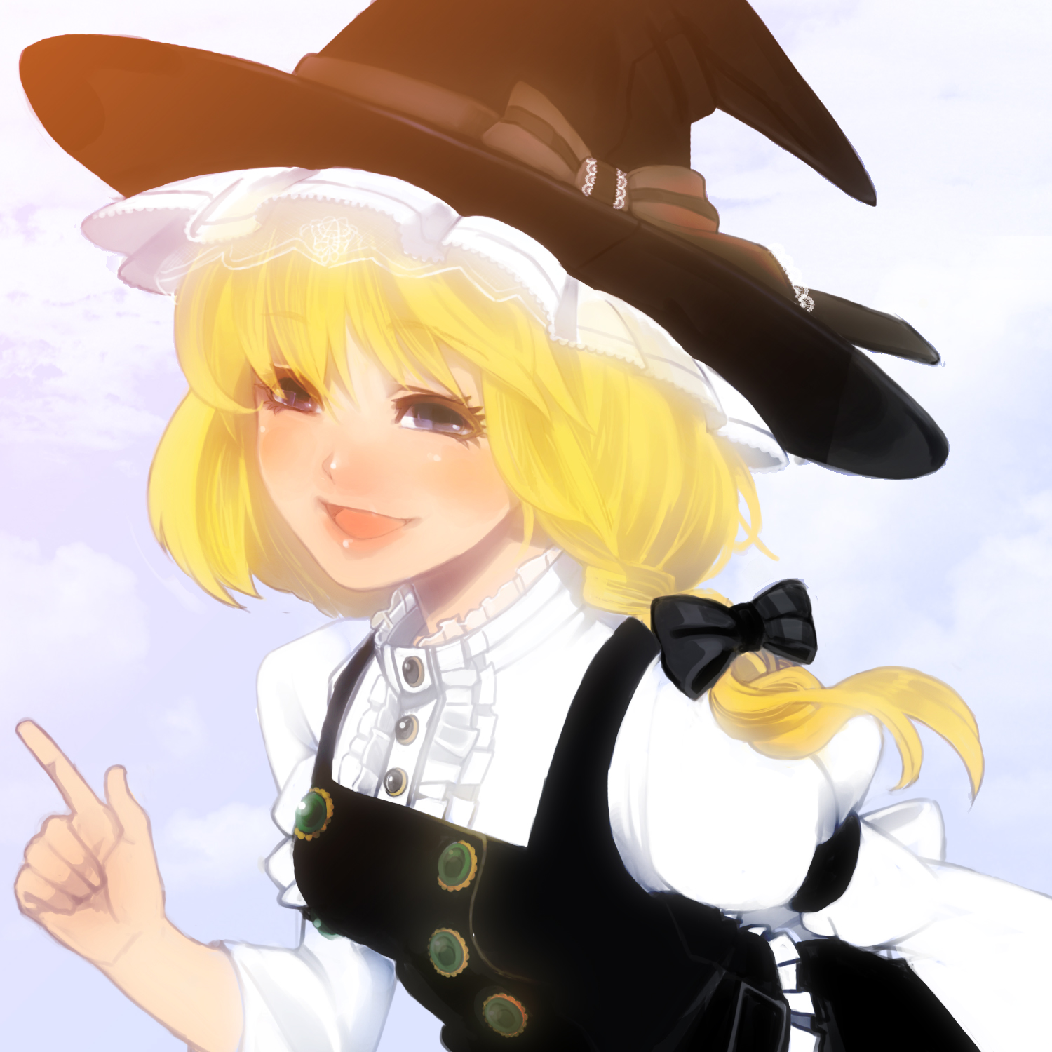 kotetu, tsurusaki yuu, kirisame marisa, touhou, highres, 1girl, blonde hair, blue eyes, blush, braid, female focus, gradient background, hat, lips, short hair, skirt, smile, solo, witch, witch hat