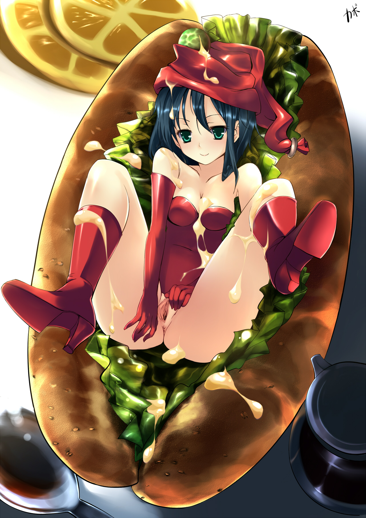 cofepig, original, messy, bad id, bad pixiv id, highres, 1girl, anus, blue hair, boots, female focus, food, food girl, green eyes, half-spread pussy, hat, high heels, in food, mini person, minigirl, no panties, pussy, shoes, solo, spread legs, spread pussy, spreading own pussy, uncensored