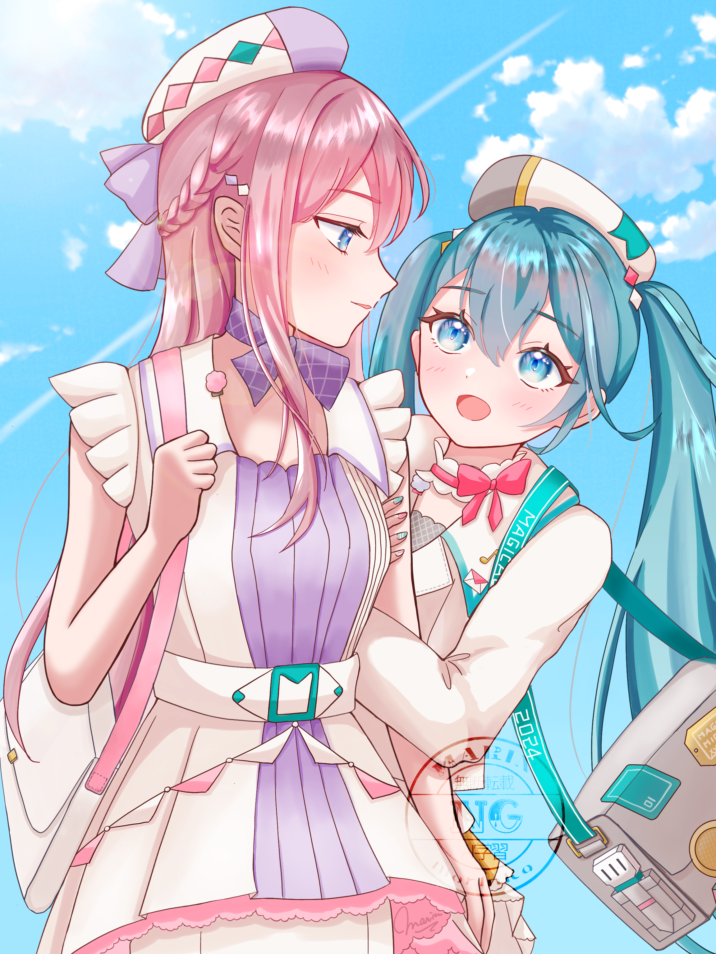 maarin (59567861), hatsune miku, magical mirai luka, magical mirai luka (2024), magical mirai miku, magical mirai miku (2024), megurine luka, magical mirai (vocaloid), vocaloid, absurdres, commentary request, highres, 2girls, aqua eyes, aqua hair, aqua nails, arm hug, bag, belt, beret, blue hair, blue sky, blush, bow, bowtie, breasts, cloud, cropped jacket, diamond hair ornament, dress, hat, hug, jacket, long hair, looking at another, medium breasts, multiple girls, official alternate costume, official alternate hairstyle, open mouth, pink bow, pink bowtie, pink hair, pink nails, shoulder bag, sky, sleeveless, sleeveless dress, smile, twintails, very long hair, white belt, white dress, white jacket
