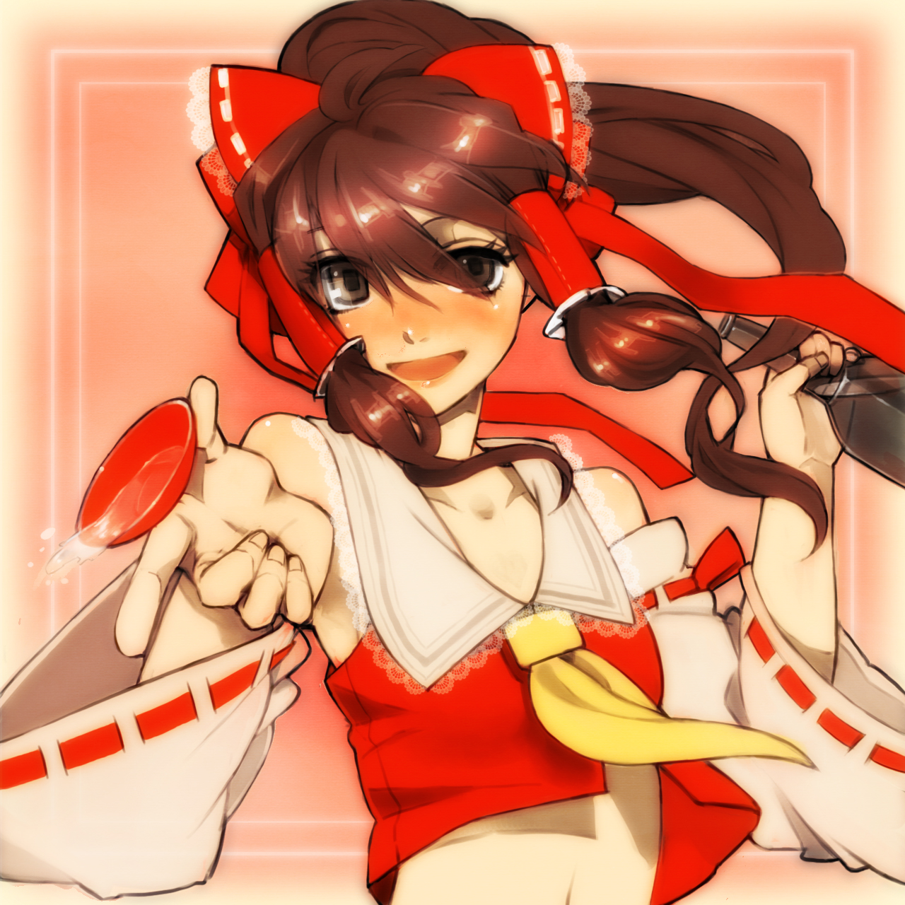 kotetu, tsurusaki yuu, hakurei reimu, touhou, highres, 1girl, alcohol, blush, bottle, bow, brown hair, cup, detached sleeves, drunk, female focus, foreshortening, gradient background, japanese clothes, midriff, miko, navel, open mouth, ponytail, sakazuki, sake, short hair, smile, solo, upper body