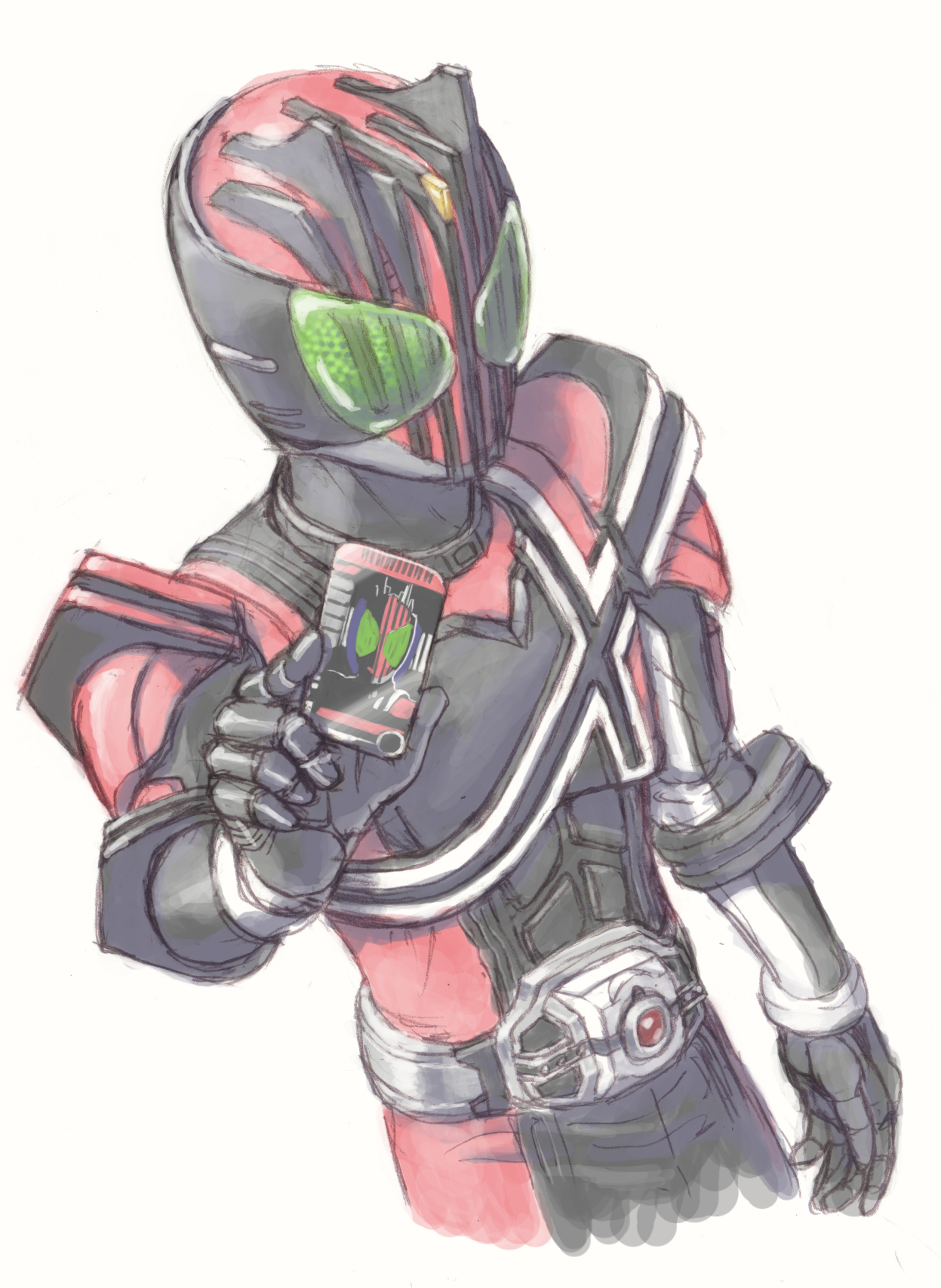 anyasu, kamen rider decade, kamen rider, kamen rider dcd, highres, 1boy, belt, card, holding, holding card, male focus, solo