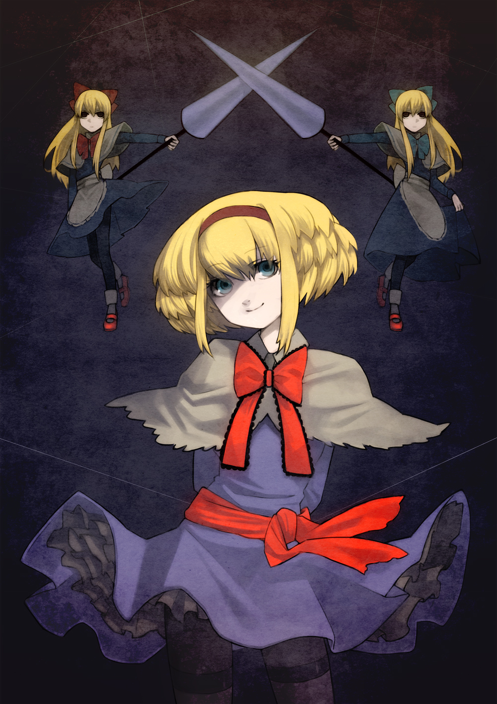 kotetu, tsurusaki yuu, alice margatroid, hourai doll, shanghai doll, touhou, highres, 3girls, blonde hair, bow, doll, female focus, hair bow, hairband, lance, mary janes, multiple girls, pantyhose, polearm, ribbon, shoes, spear, string, weapon