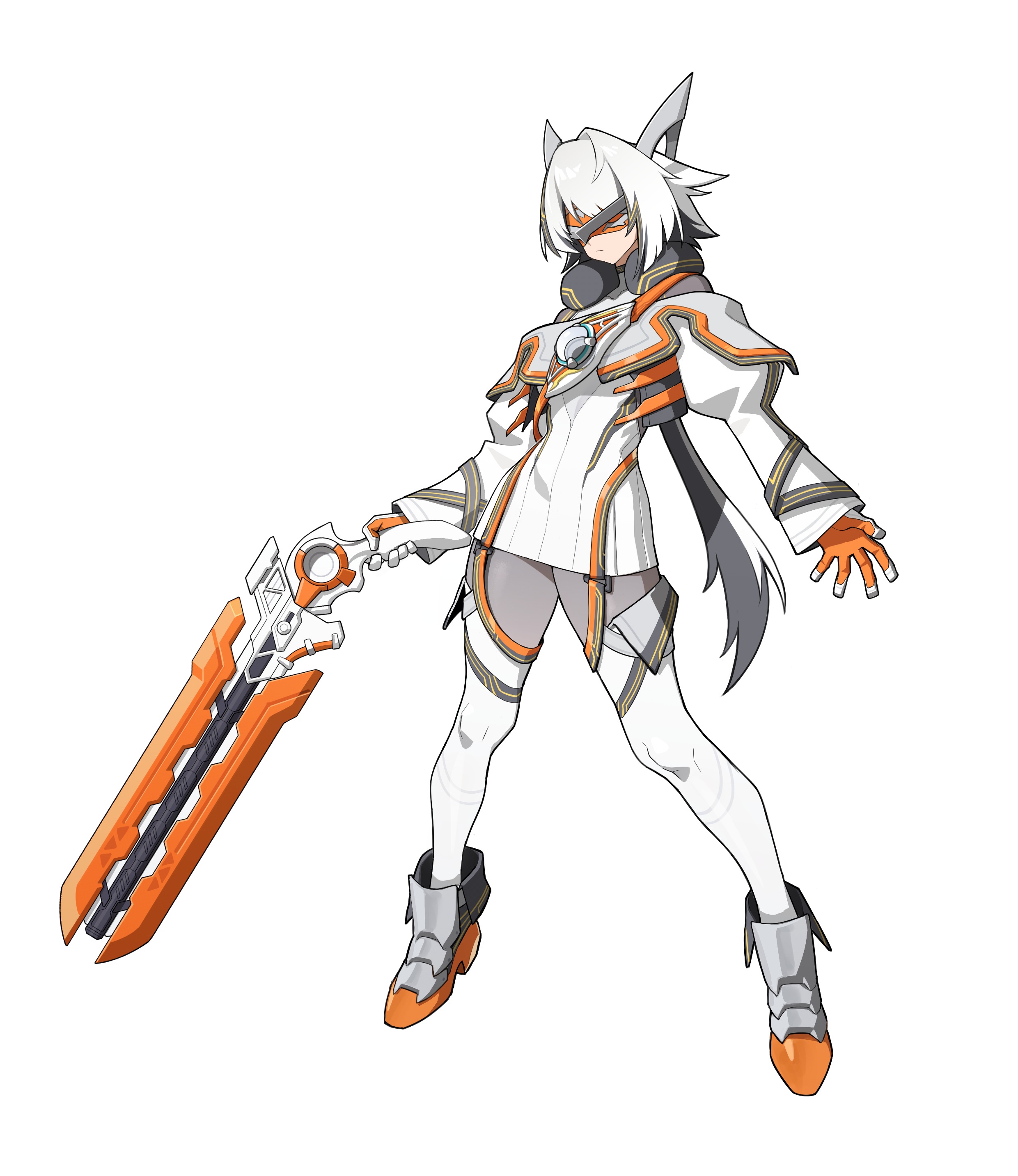 goz-zz, rider-tan, kamen rider, kamen rider zeztz (series), absurdres, hashtag-only commentary, highres, 1girl, armor, belt, boots, breakam buster, capsems, dress, genderswap, genderswap (mtf), gloves, holding, knight invoker, multicolored hair, nox knight, rider belt, shoulder belt, simple background, sleep mask, solo, weapon, white background