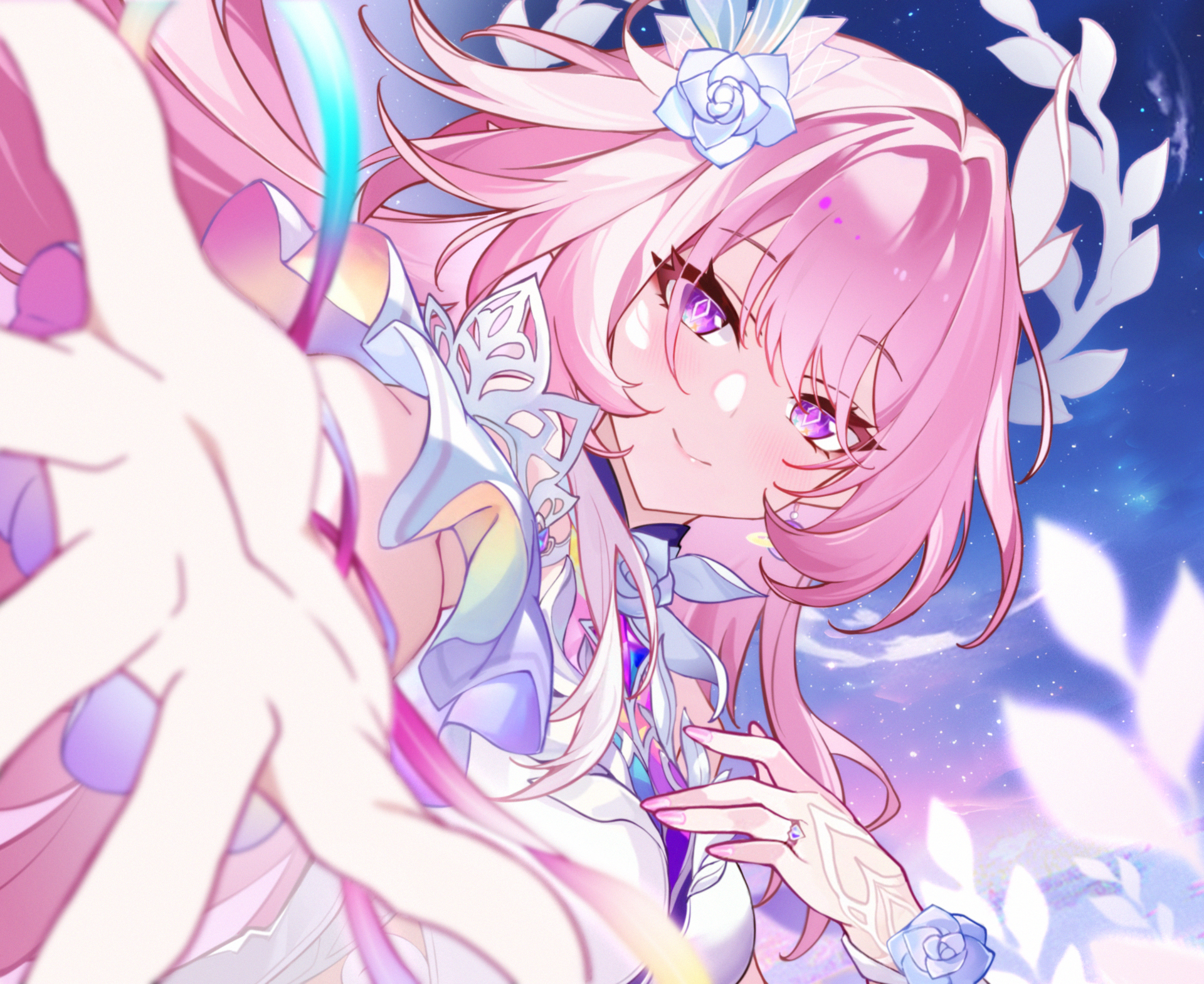 feng zhu shang beo hen, cyrene (honkai: star rail), cyrene (ripples of past reverie) (honkai: star rail), honkai: star rail, honkai (series), commentary request, highres, 1girl, blue flower, blue rose, breasts, closed mouth, diamond-shaped pupils, diamond (shape), fingernails, flower, hair flower, hair ornament, large breasts, looking at viewer, nail polish, offering hand, pink hair, pink nails, purple eyes, rose, smile, solo, symbol-shaped pupils, upper body