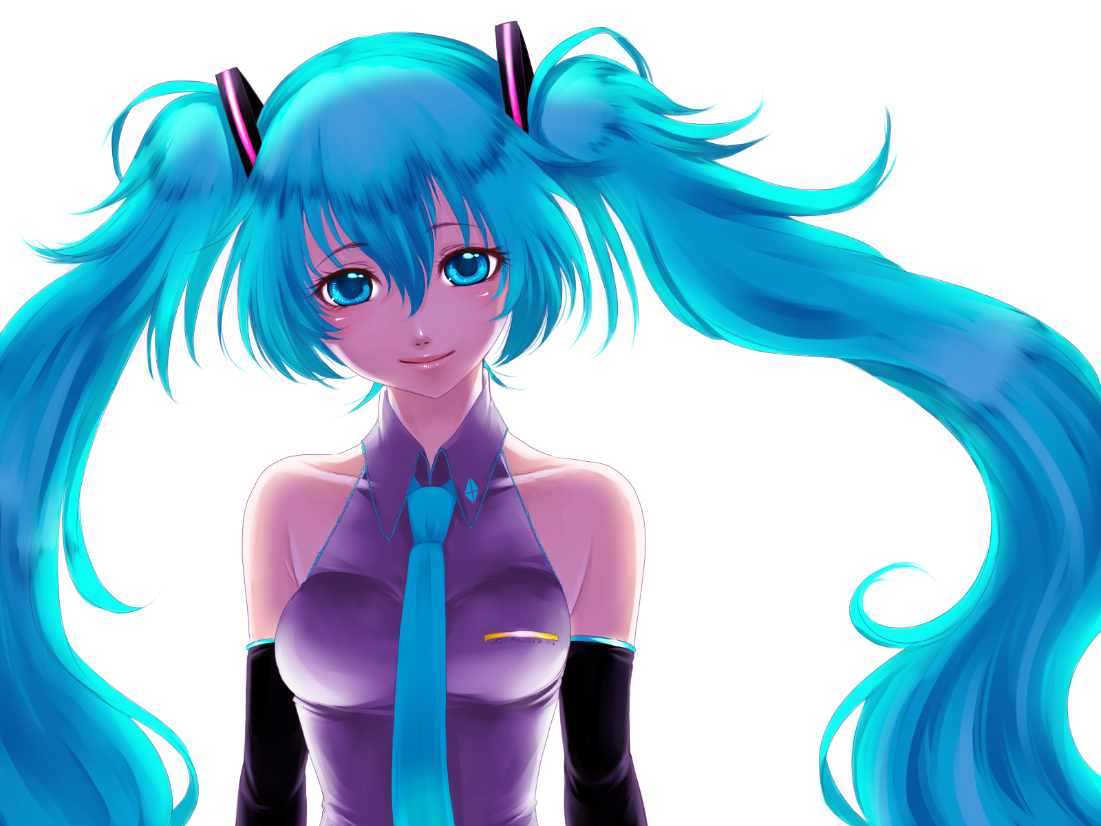 nez-doll, hatsune miku, vocaloid, bad id, bad pixiv id, highres, 1girl, aqua eyes, aqua hair, blue eyes, blue hair, breasts, female focus, long hair, matching hair/eyes, necktie, simple background, solo, twintails, very long hair, white background