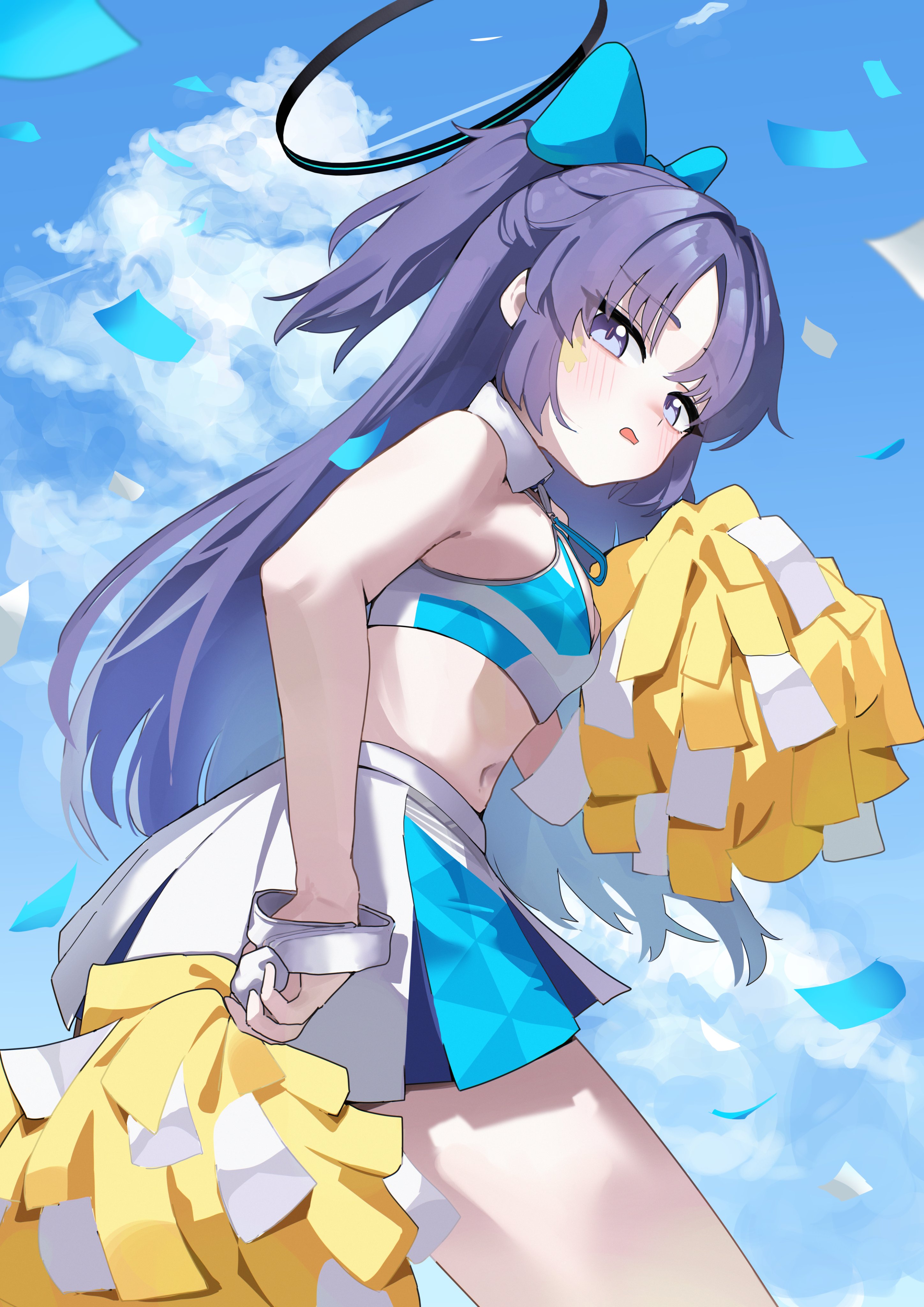 kumakono, yuuka (blue archive), blue archive, absurdres, commentary request, highres, 1girl, alternate costume, bare shoulders, black halo, blue bow, blue eyes, blush, bow, cheerleader, crop top, detached collar, hair bow, halo, holding, holding pom poms, long hair, looking at viewer, mechanical halo, millennium cheerleader outfit (blue archive), navel, parted lips, pleated skirt, pom pom (cheerleading), pom poms, ponytail, purple eyes, purple hair, skirt, sky, solo, sports bra, star (symbol), star sticker, sticker, sticker on face, two-tone sports bra, white skirt