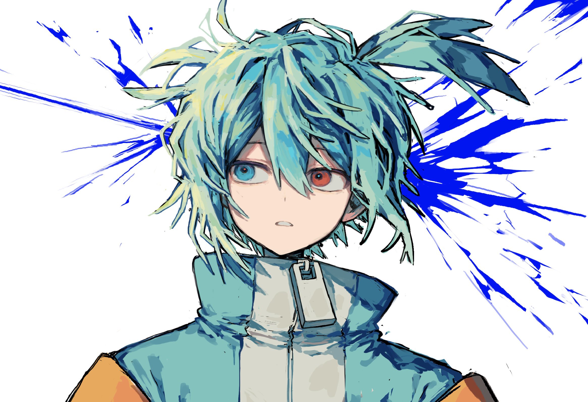 griffon0416, sig (puyopuyo), puyopuyo, highres, 1boy, blue eyes, blue hair, blue jacket, double-parted bangs, hair between eyes, heterochromia, jacket, male focus, multicolored jacket, parted lips, red eyes, short hair, sidelocks, solo, upper body, white jacket, zipper, zipper pull tab