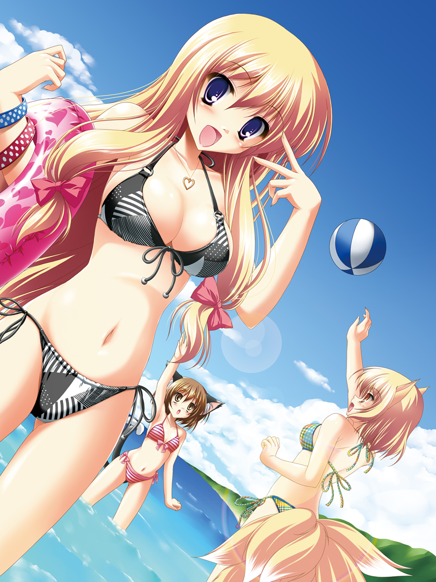 kamiya tomoe, chen, yakumo ran, yakumo yukari, touhou, highres, 3girls, animal ears, ball, beachball, bikini, blonde hair, breasts, brown hair, cat ears, cat girl, cat tail, cleavage, cloud, day, female focus, fox ears, fox tail, front-tie top, hair ribbon, heart, heart print, innertube, jewelry, large breasts, lens flare, long hair, multiple girls, multiple tails, navel, necklace, o-ring, o-ring top, open mouth, outdoors, purple eyes, ribbon, short hair, side-tie bikini bottom, sky, smile, striped bikini, striped clothes, swim ring, swimsuit, tail, v, v over eye, wading, water